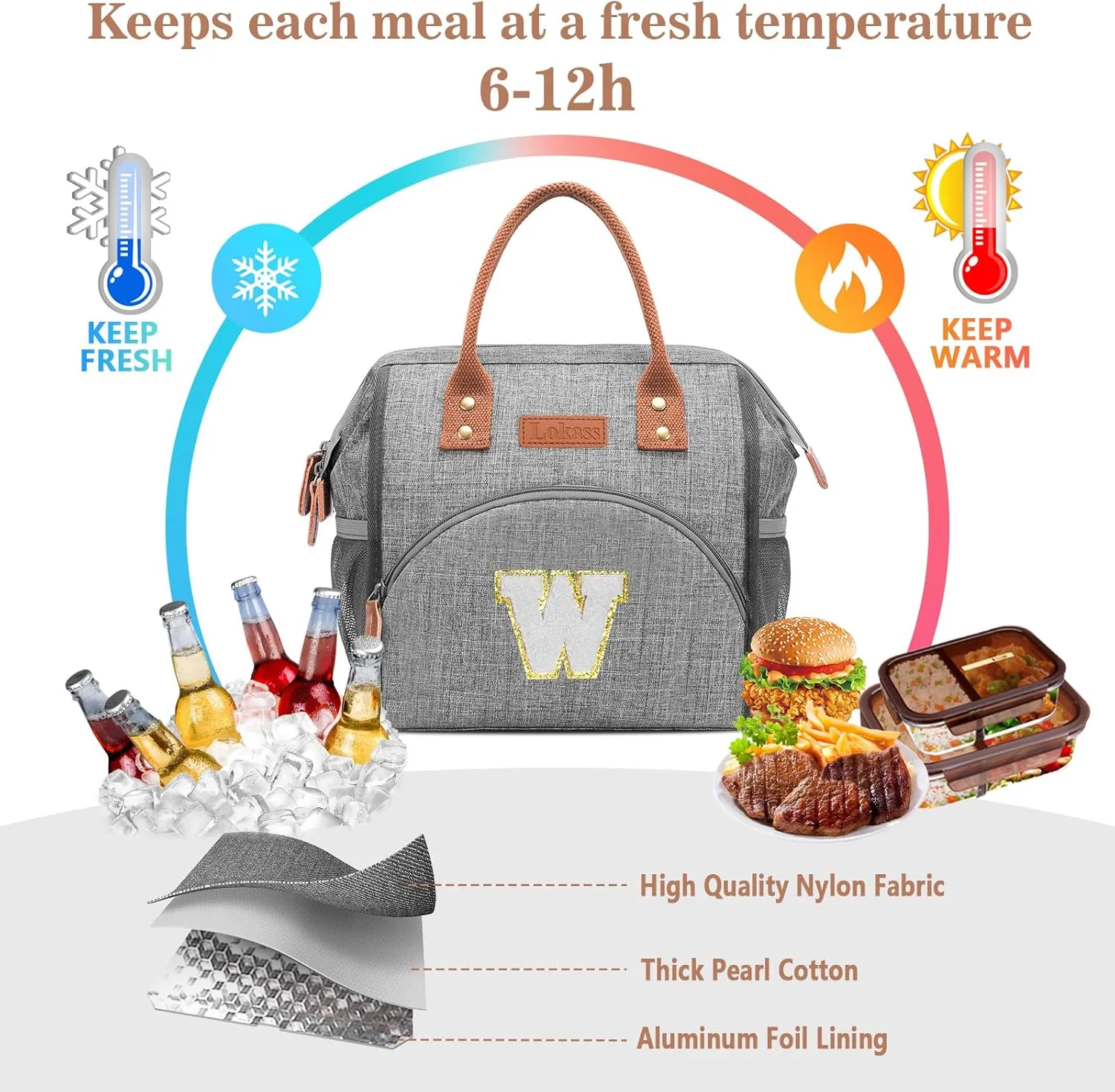 LOKASS Initial Lunch Box for Women – Wide-Open Leakproof Insulated Lunch Bag Women – Reusable Tote Cooler Bag for Office Beach Picnic, Personalized Mother's Day Gifts for Mom/Staff/Nurse (White M)