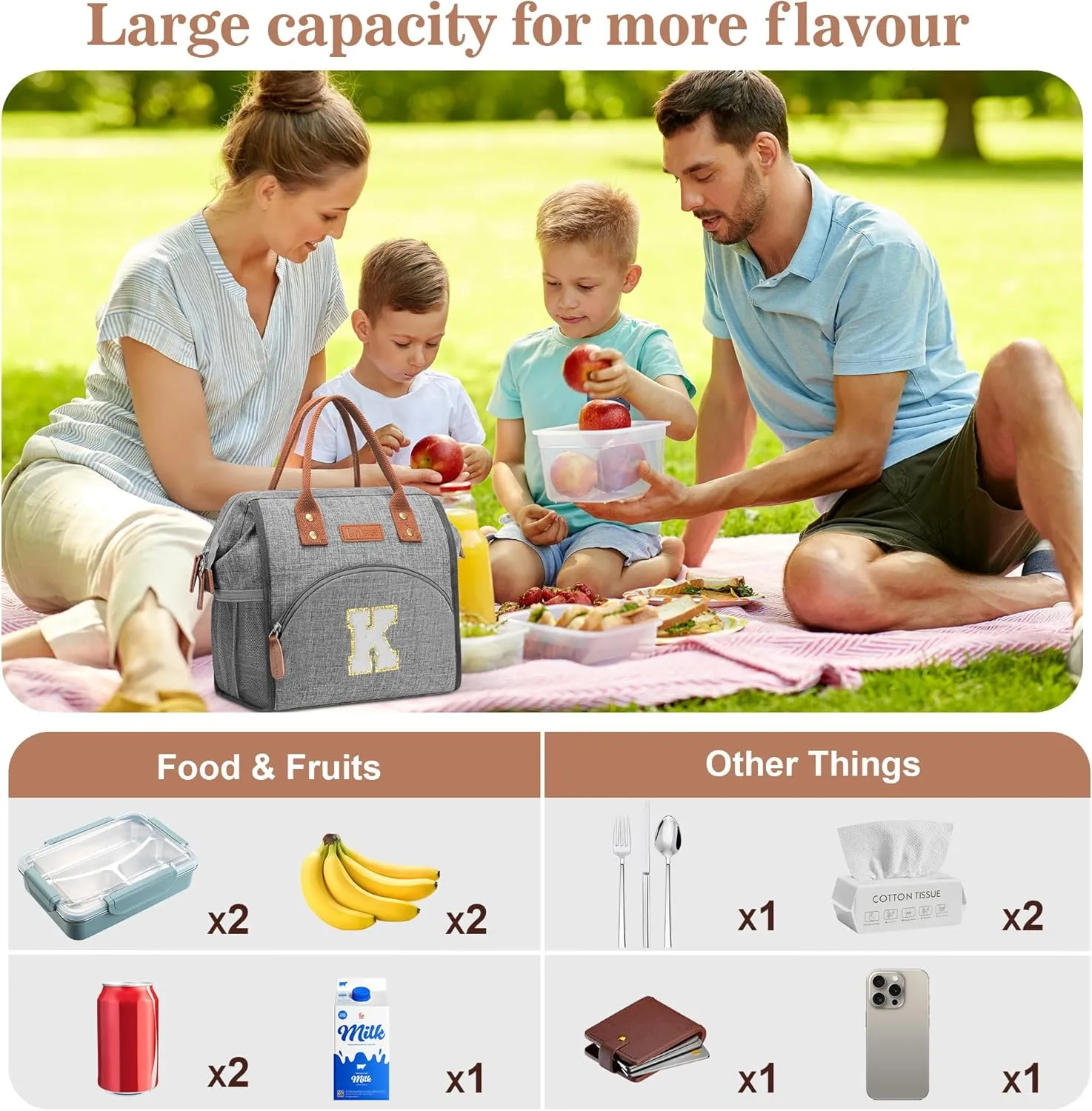 LOKASS Initial Lunch Box for Women – Wide-Open Leakproof Insulated Lunch Bag Women – Reusable Tote Cooler Bag for Office Beach Picnic, Personalized Mother's Day Gifts for Mom/Staff/Nurse (White M)