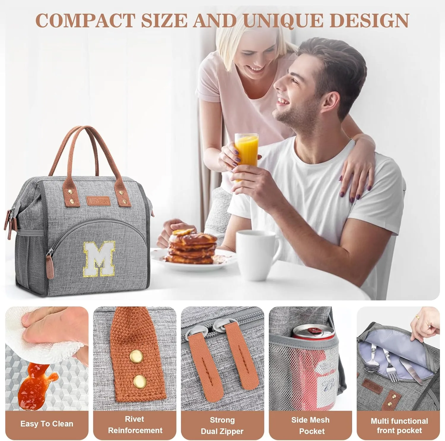 LOKASS Initial Lunch Box for Women – Wide-Open Leakproof Insulated Lunch Bag Women – Reusable Tote Cooler Bag for Office Beach Picnic, Personalized Mother's Day Gifts for Mom/Staff/Nurse (White M)