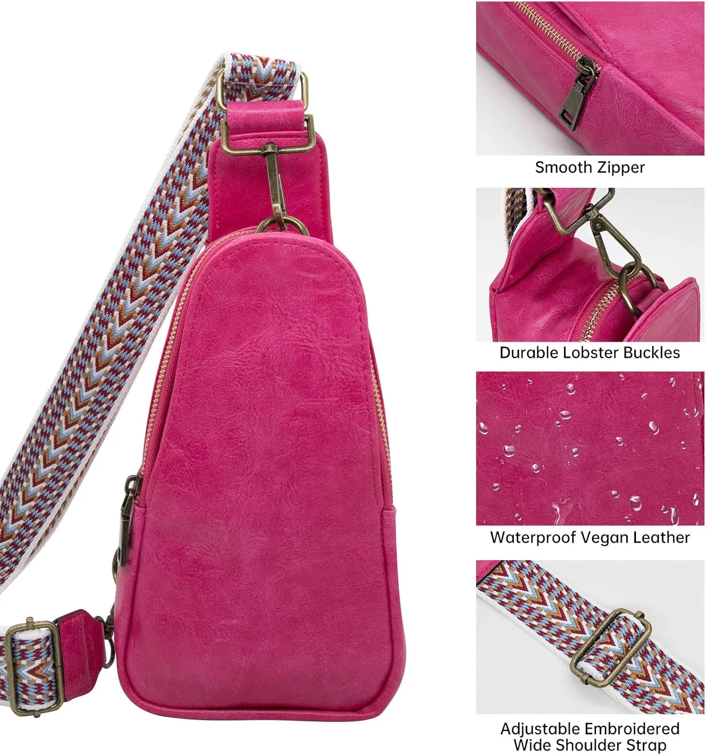 Long Keeper Sling Chest Bag for Women PU Leather Satchel Daypack Traveling Crossbody Bag With Bohemia Adjustable Strap