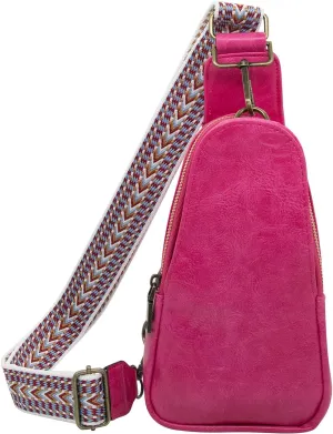 Long Keeper Sling Chest Bag for Women PU Leather Satchel Daypack Traveling Crossbody Bag With Bohemia Adjustable Strap