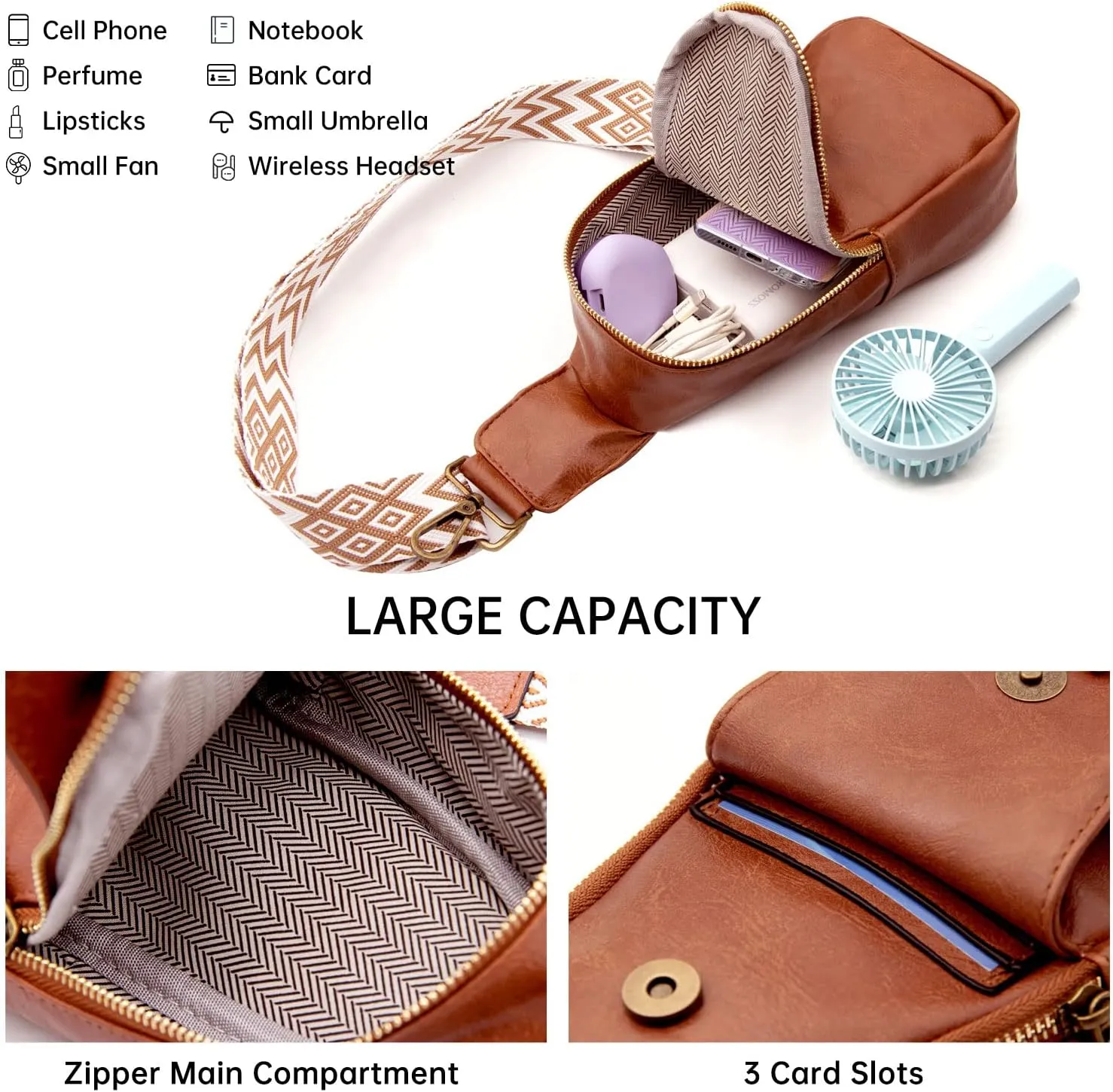 Long Keeper Sling Chest Bag for Women PU Leather Satchel Daypack Traveling Crossbody Bag With Bohemia Adjustable Strap