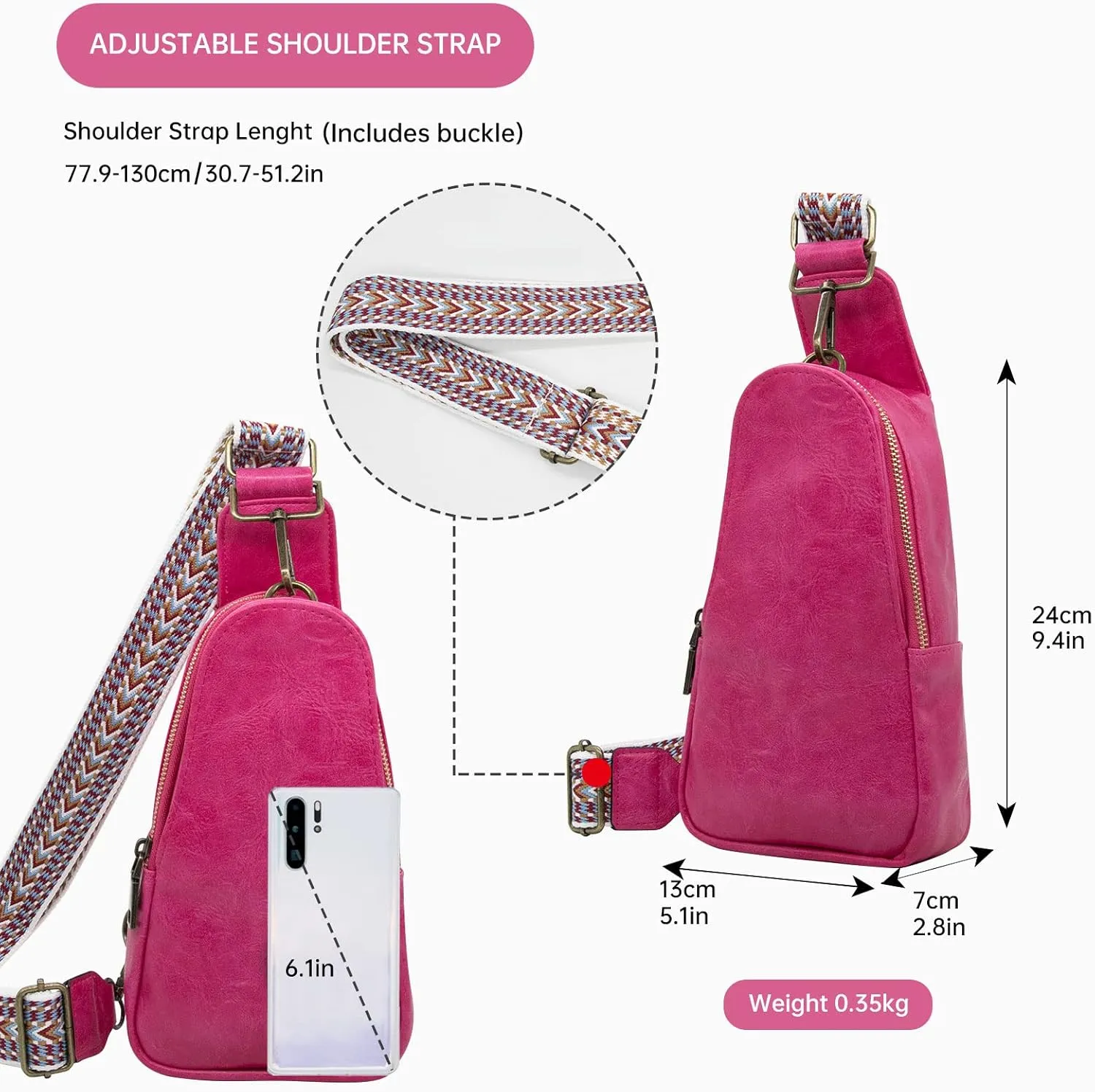 Long Keeper Sling Chest Bag for Women PU Leather Satchel Daypack Traveling Crossbody Bag With Bohemia Adjustable Strap