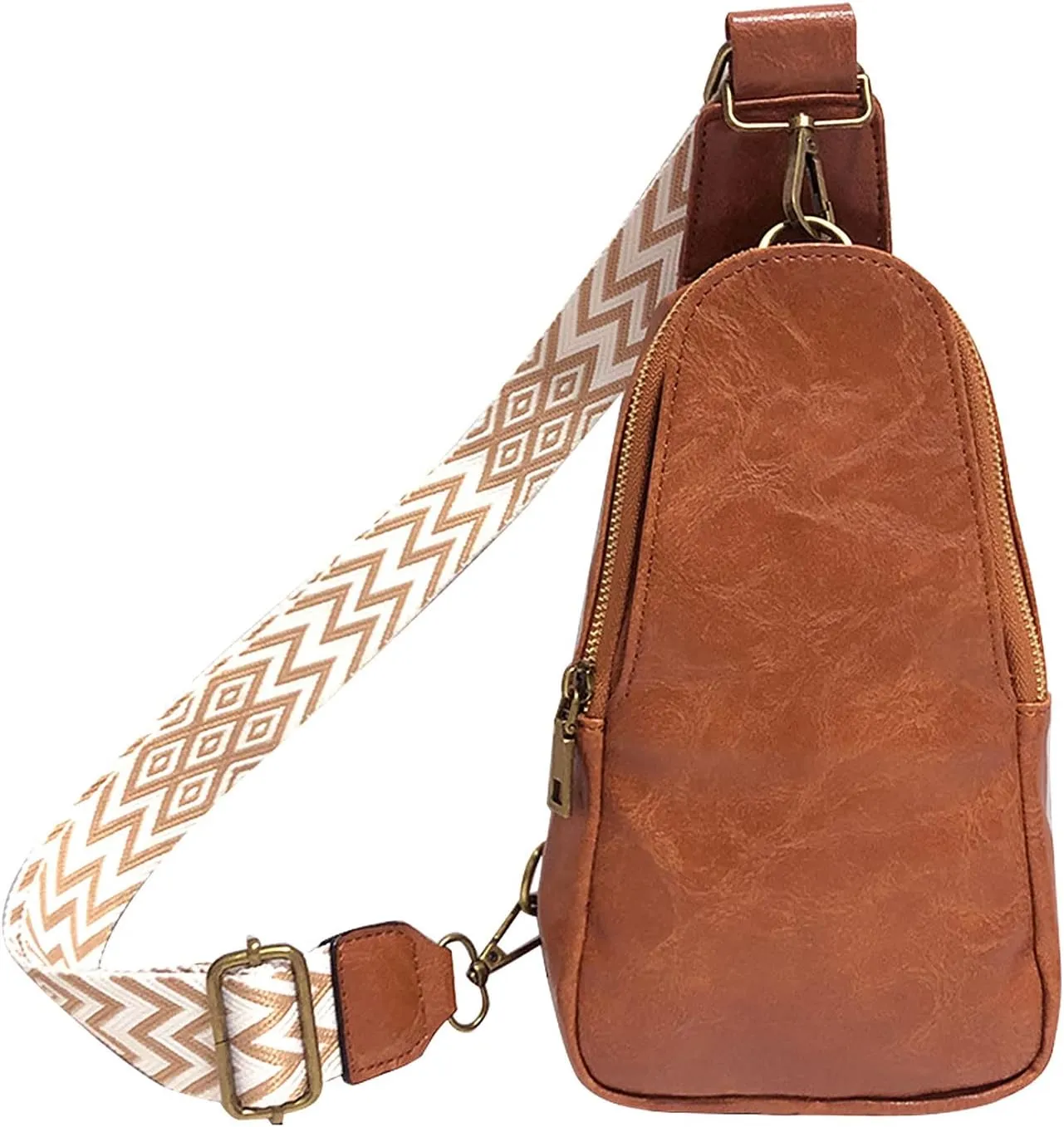 Long Keeper Sling Chest Bag for Women PU Leather Satchel Daypack Traveling Crossbody Bag With Bohemia Adjustable Strap