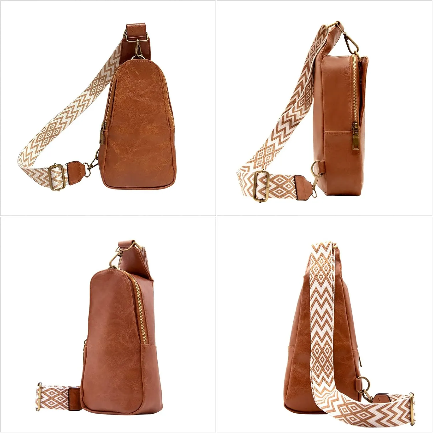 Long Keeper Sling Chest Bag for Women PU Leather Satchel Daypack Traveling Crossbody Bag With Bohemia Adjustable Strap