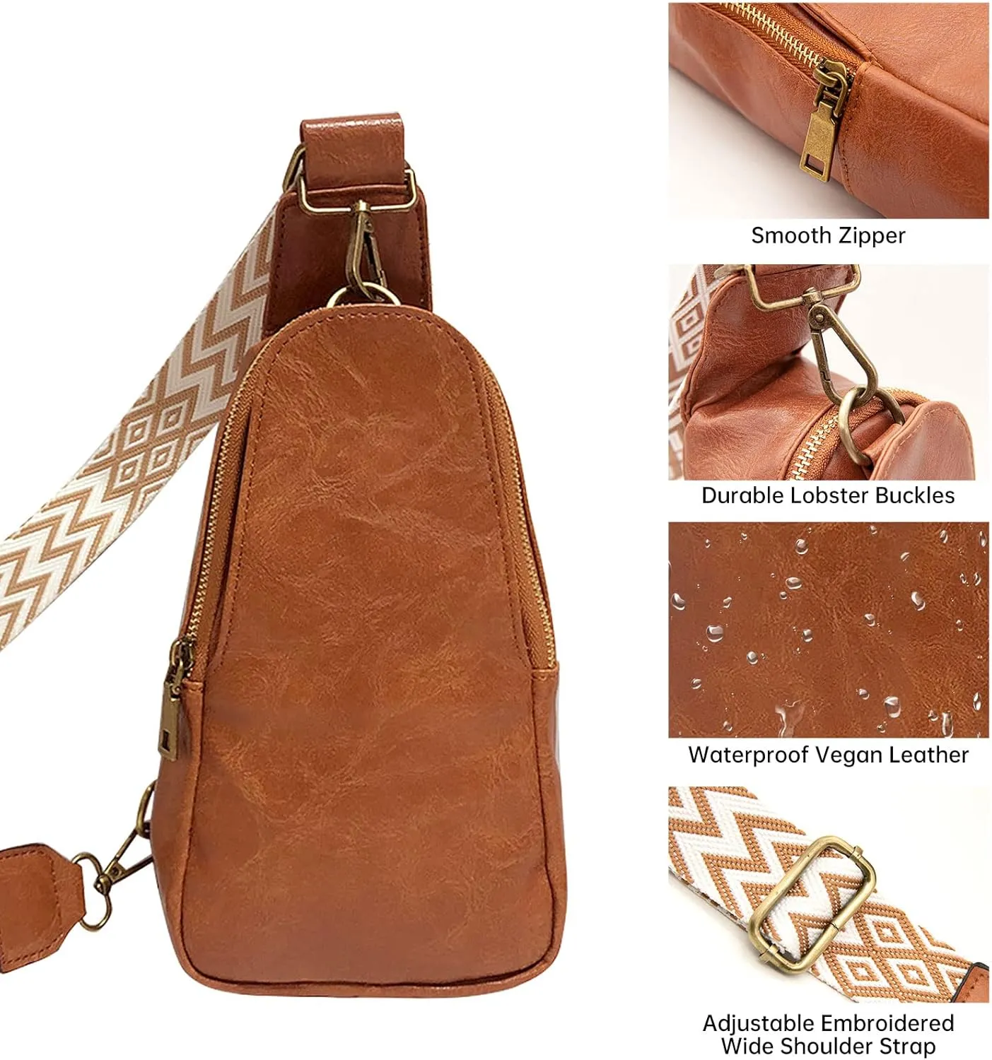 Long Keeper Sling Chest Bag for Women PU Leather Satchel Daypack Traveling Crossbody Bag With Bohemia Adjustable Strap