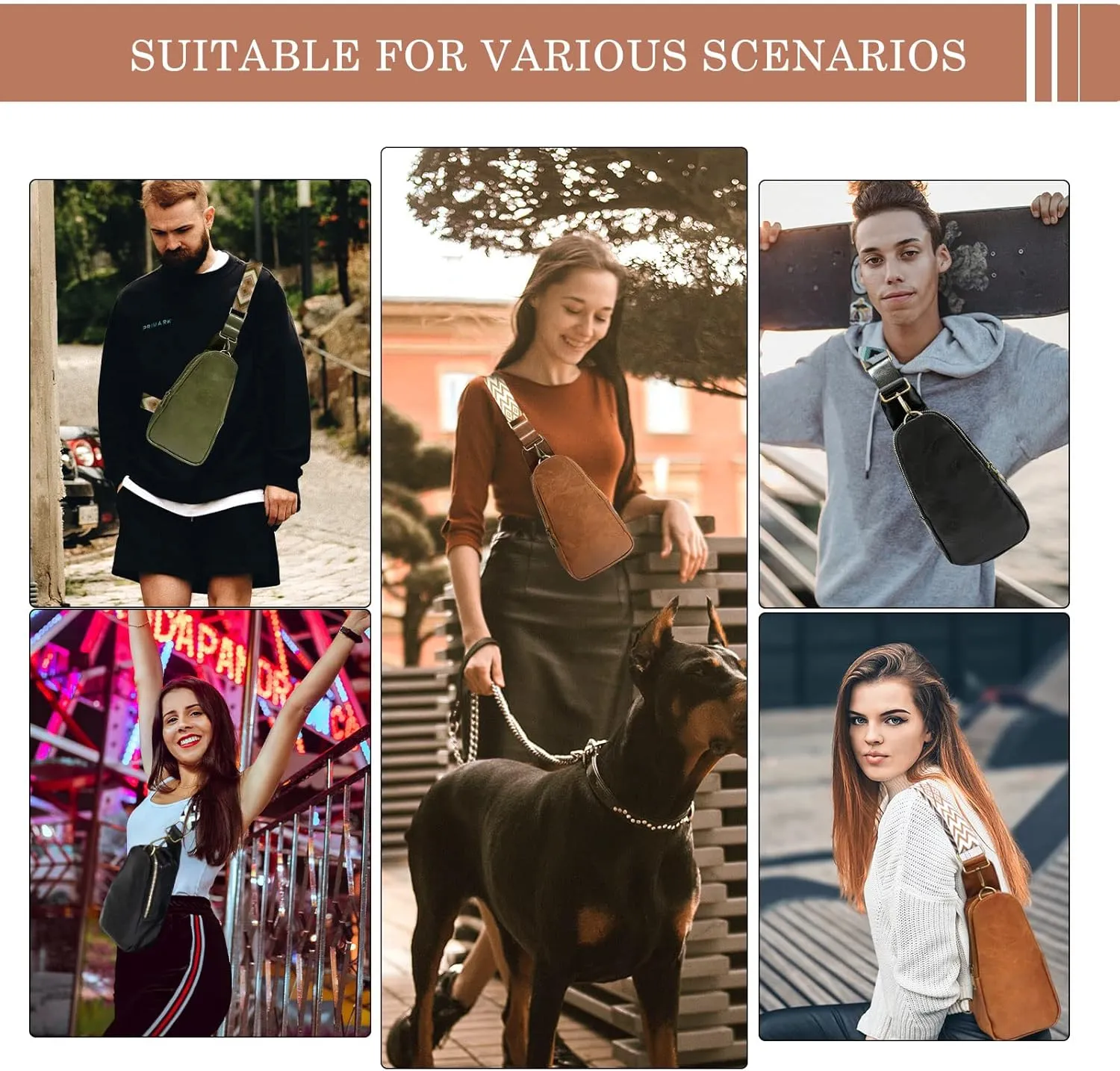 Long Keeper Sling Chest Bag for Women PU Leather Satchel Daypack Traveling Crossbody Bag With Bohemia Adjustable Strap