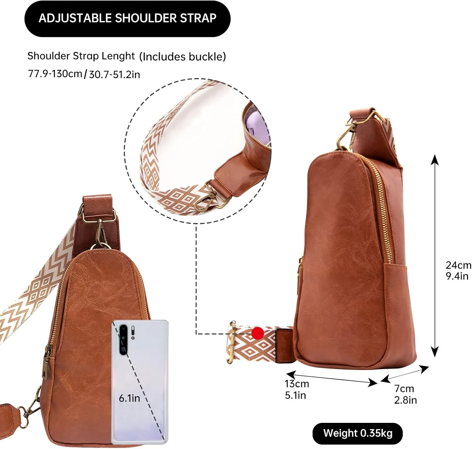 Long Keeper Sling Chest Bag for Women PU Leather Satchel Daypack Traveling Crossbody Bag With Bohemia Adjustable Strap