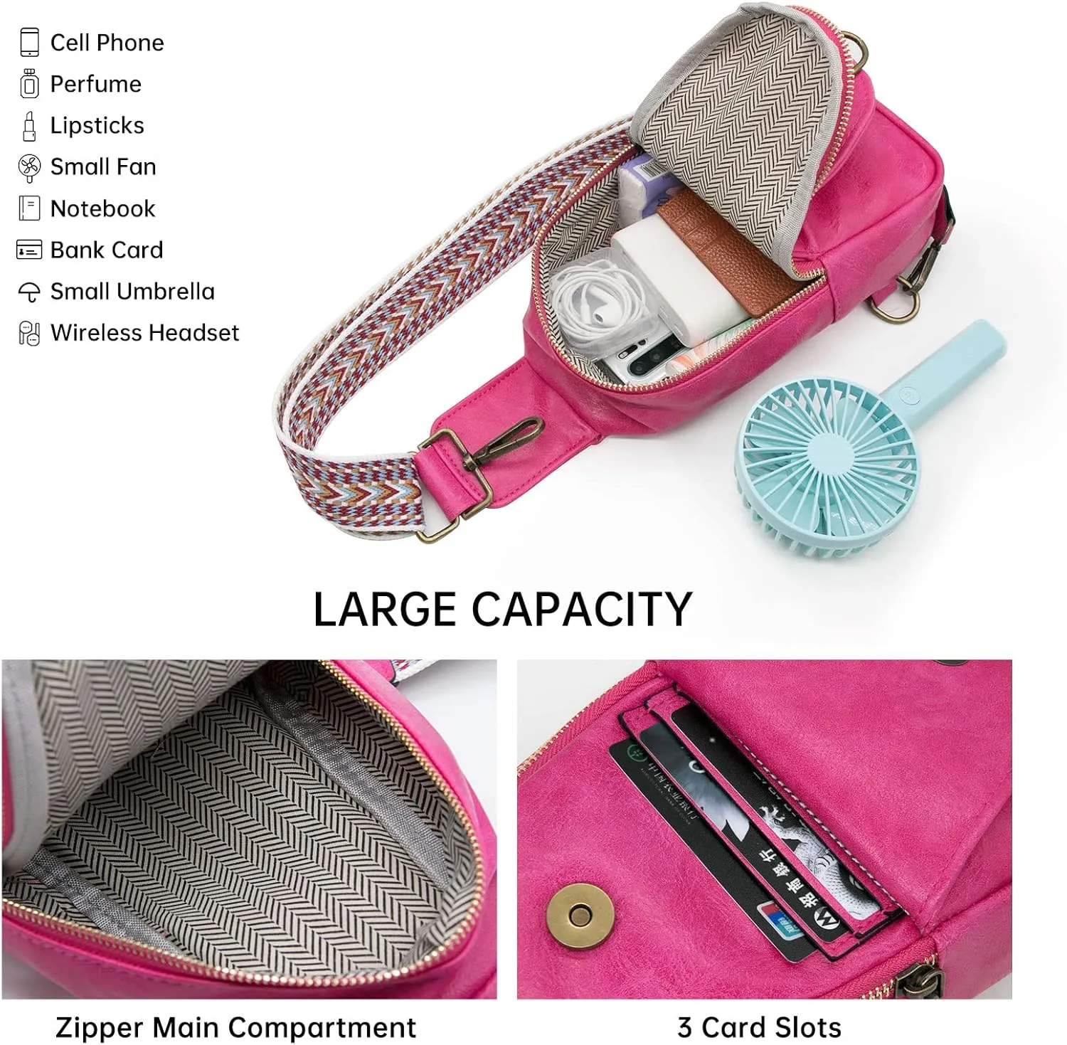 Long Keeper Sling Chest Bag for Women PU Leather Satchel Daypack Traveling Crossbody Bag With Bohemia Adjustable Strap