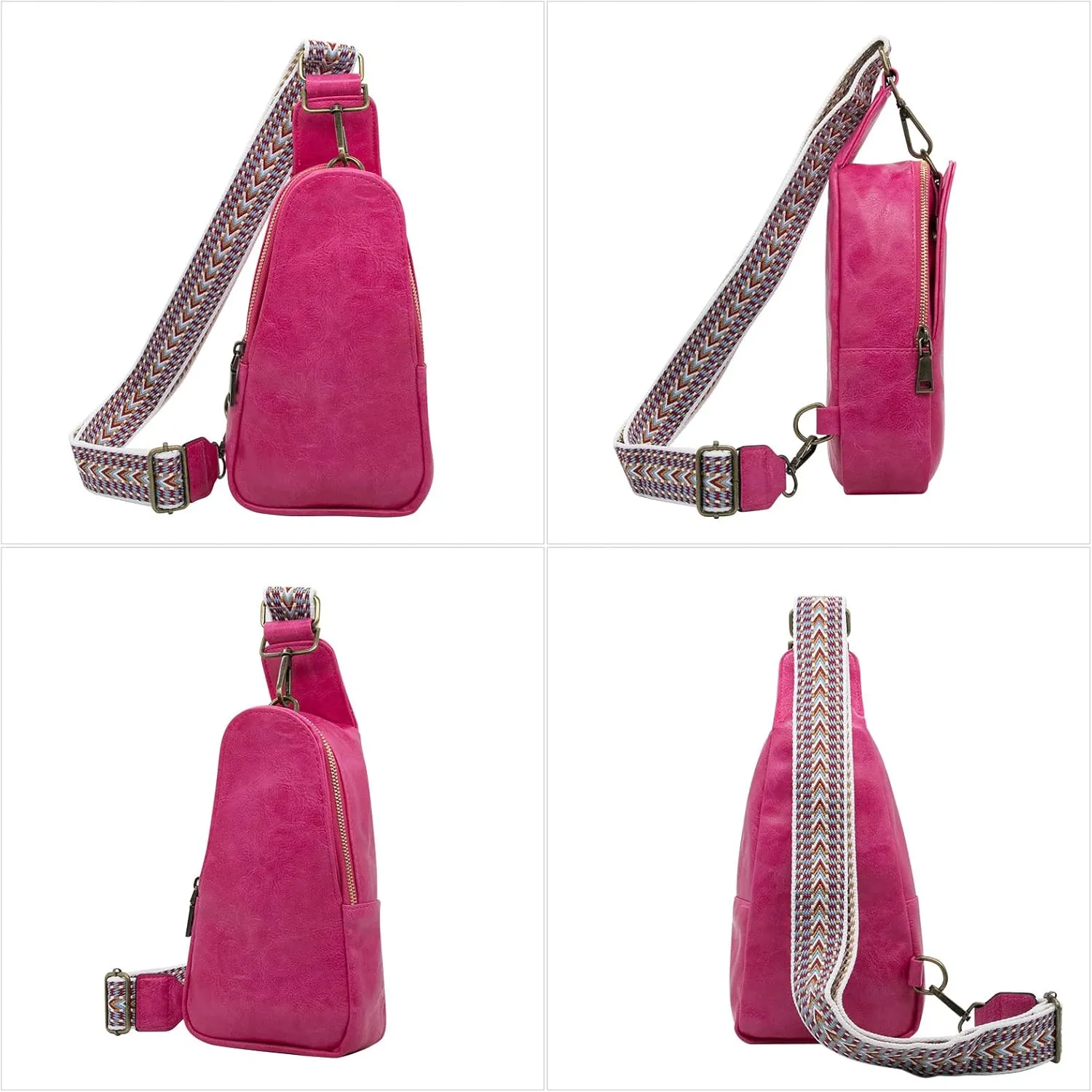 Long Keeper Sling Chest Bag for Women PU Leather Satchel Daypack Traveling Crossbody Bag With Bohemia Adjustable Strap