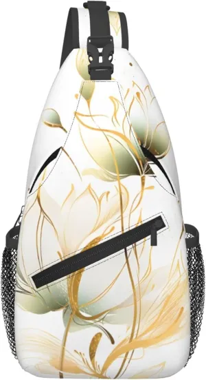 Lotus Sling Bag for Women Men, Chinese Painting Floral Crossbody Sling Backpack, Shoulder Chest Pack for Travel Casual Hiking
