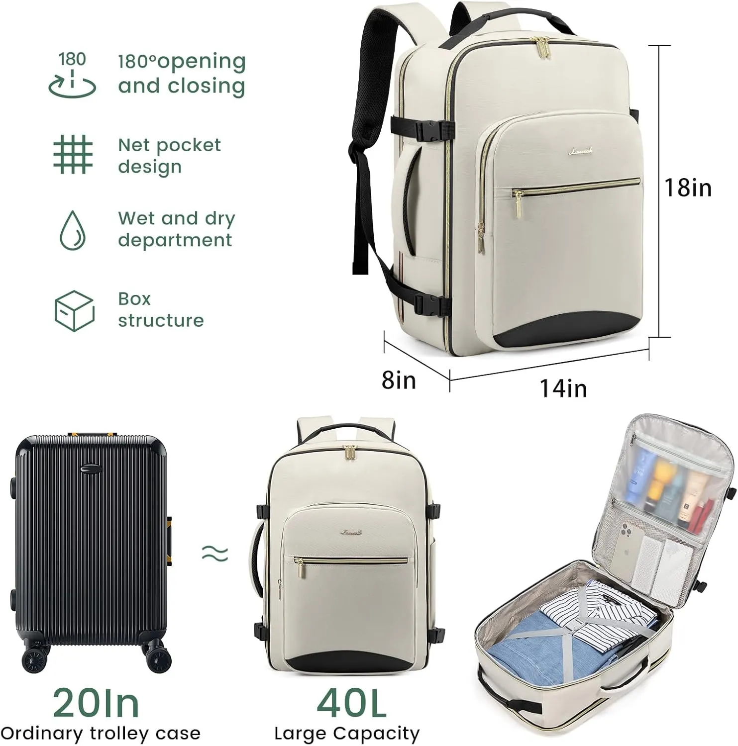 LOVEVOOK 40L Large Travel Backpack for Women Men, 17 Inch Carry on Backpack for Traveling on Airplane, Personal Item Travel Bag Airline Approved, Business Causal Weekender Backpack, Beige-Black