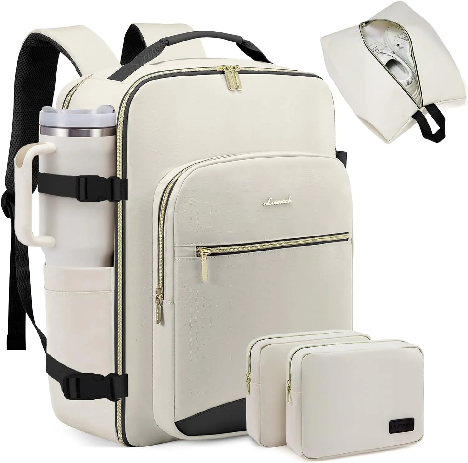 LOVEVOOK 40L Large Travel Backpack for Women Men, 17 Inch Carry on Backpack for Traveling on Airplane, Personal Item Travel Bag Airline Approved, Business Causal Weekender Backpack, Beige-Black