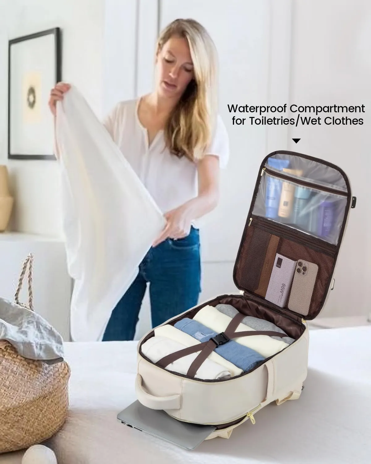 LOVEVOOK Carry on Backpack, 30L Travel Backpack for Women Airline Approved,Luggage Business Weekender Overnight Daypack as Personal Item fit for 15.6 inch Laptop,Beige