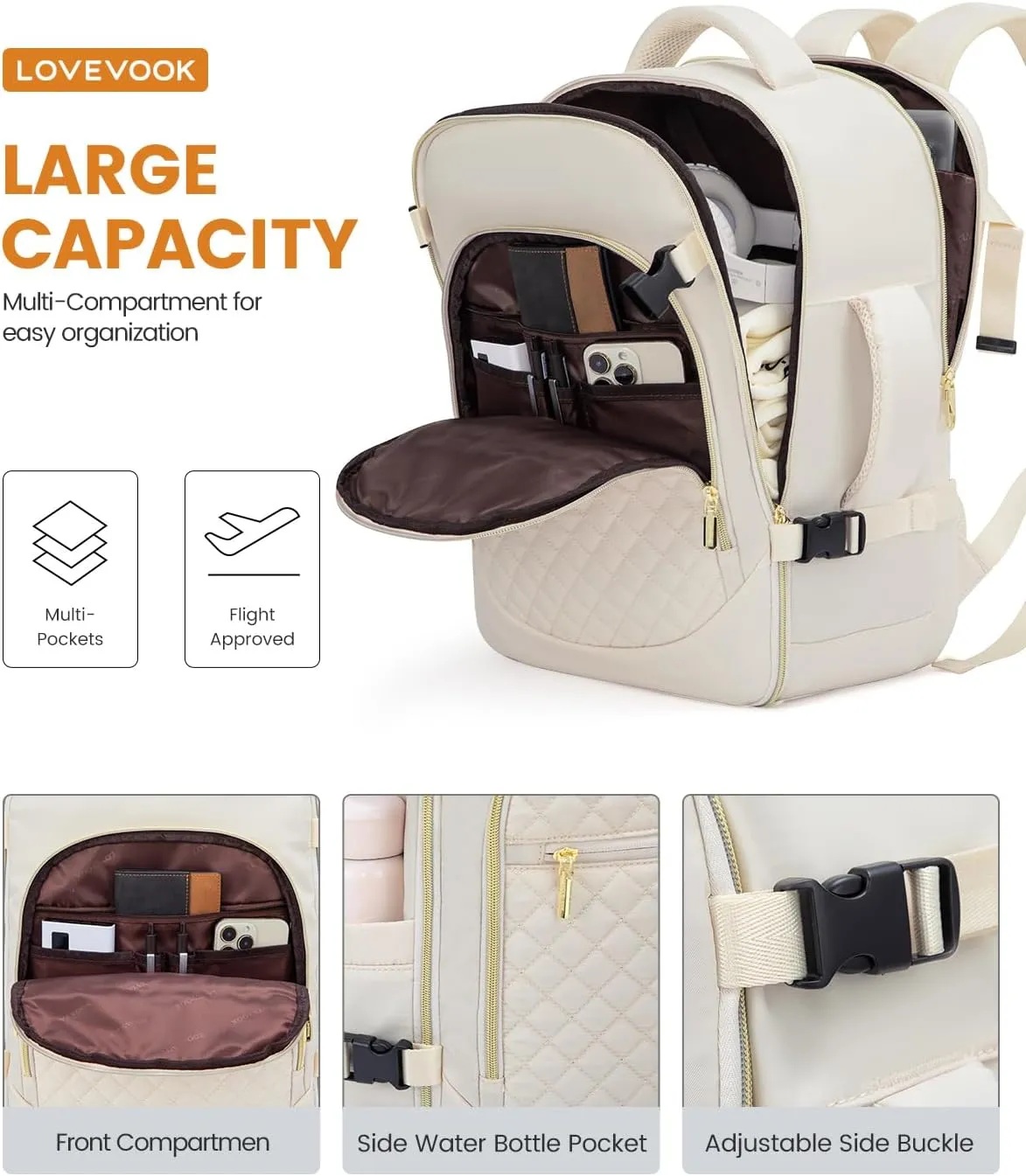 LOVEVOOK Carry on Backpack, 30L Travel Backpack for Women Airline Approved,Luggage Business Weekender Overnight Daypack as Personal Item fit for 15.6 inch Laptop,Beige