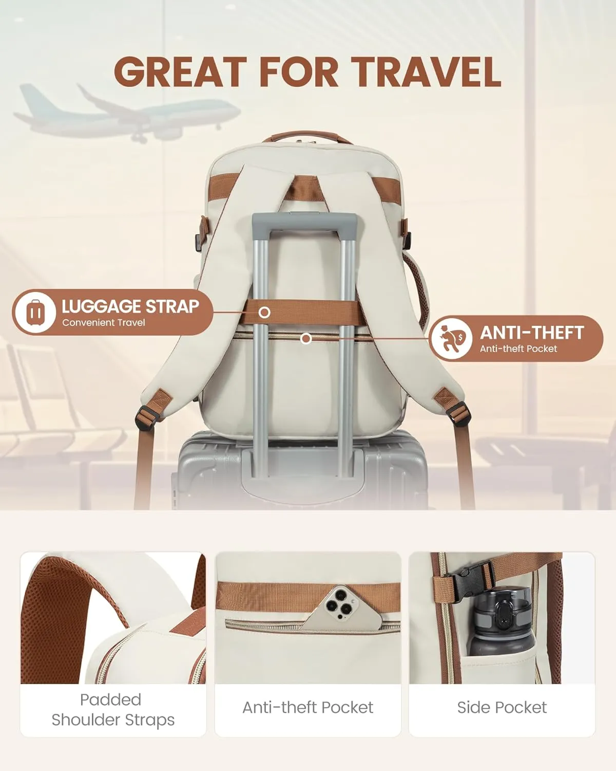 LOVEVOOK Carry on Backpack, 50L Travel Backpack Flight Approved, Waterproof Large 18inch Laptop Backpack Luggage Daypack Business Weekender Overnight with 3 Packing Cubes, Beige-Brown