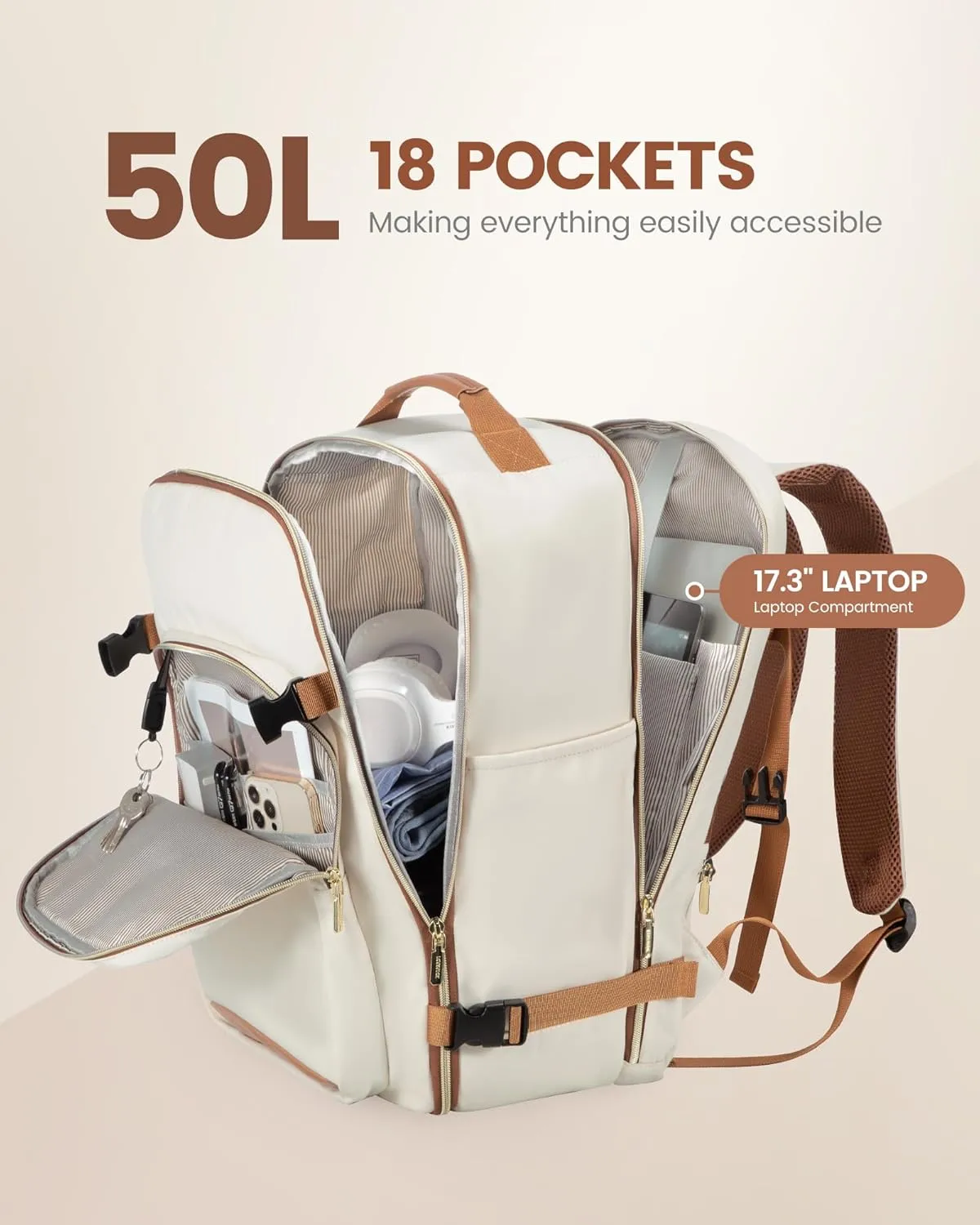 LOVEVOOK Carry on Backpack, 50L Travel Backpack Flight Approved, Waterproof Large 18inch Laptop Backpack Luggage Daypack Business Weekender Overnight with 3 Packing Cubes, Beige-Brown