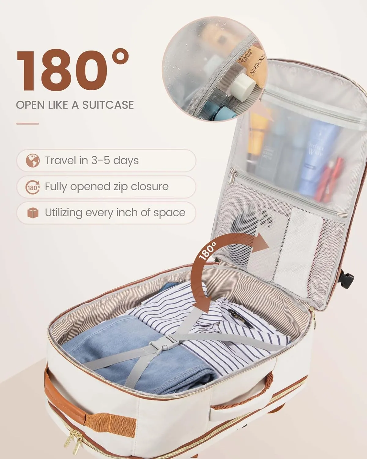 LOVEVOOK Carry on Backpack, 50L Travel Backpack Flight Approved, Waterproof Large 18inch Laptop Backpack Luggage Daypack Business Weekender Overnight with 3 Packing Cubes, Beige-Brown
