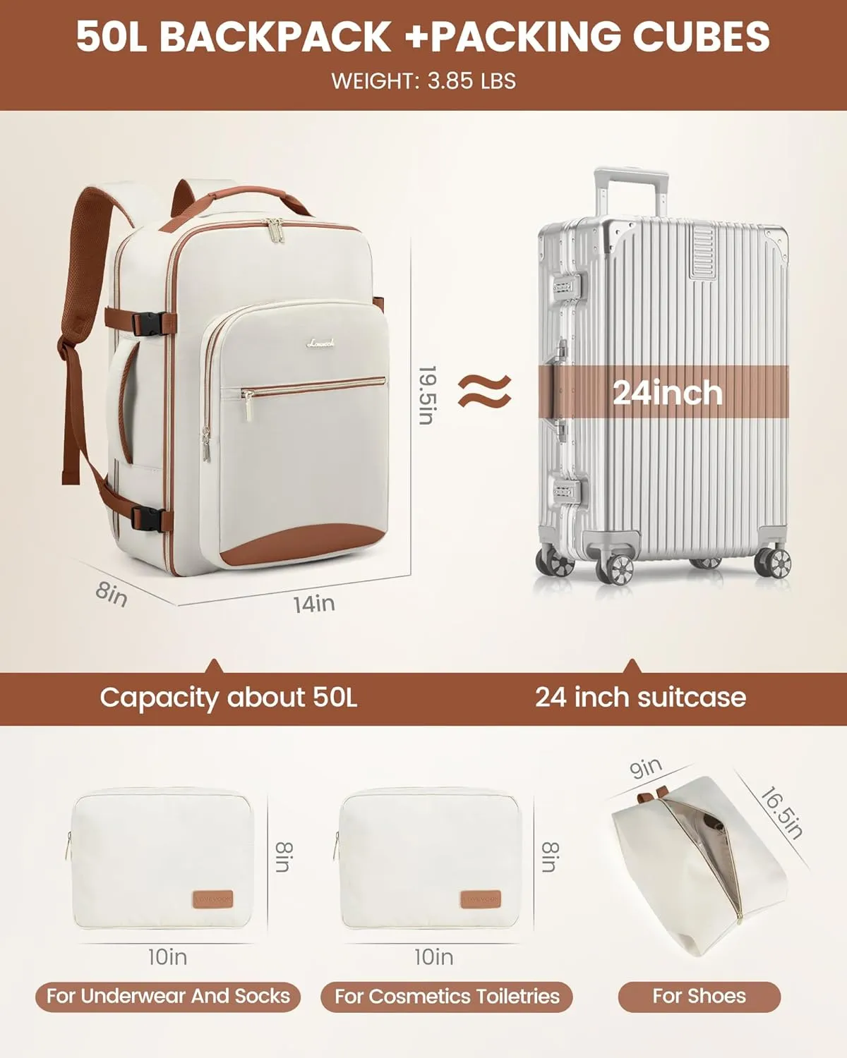 LOVEVOOK Carry on Backpack, 50L Travel Backpack Flight Approved, Waterproof Large 18inch Laptop Backpack Luggage Daypack Business Weekender Overnight with 3 Packing Cubes, Beige-Brown