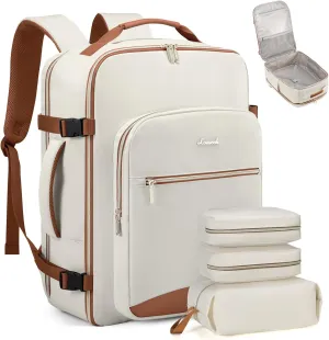 LOVEVOOK Carry on Backpack, 50L Travel Backpack Flight Approved, Waterproof Large 18inch Laptop Backpack Luggage Daypack Business Weekender Overnight with 3 Packing Cubes, Beige-Brown