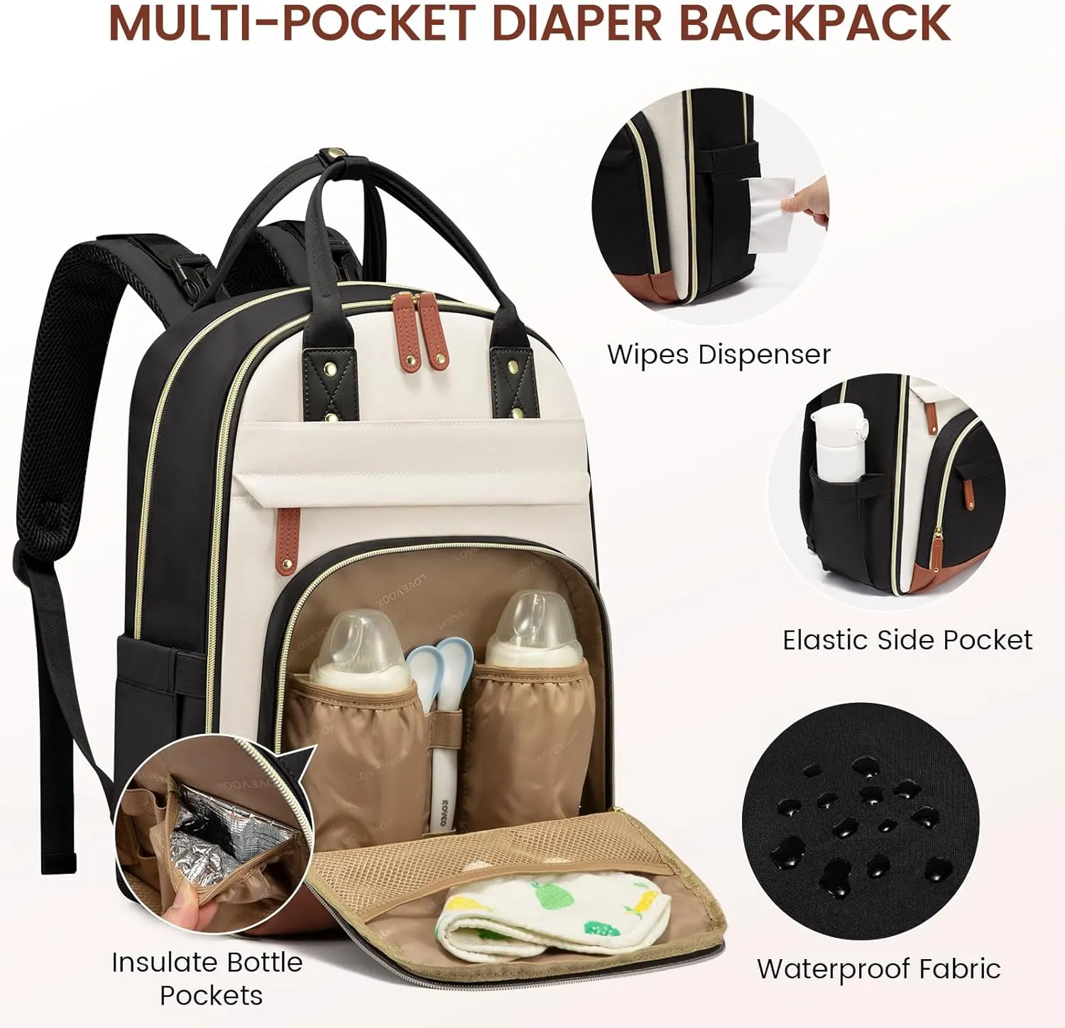 LOVEVOOK Diaper Bag Backpack, Baby Bag with Changing Pad, Large Diaper Backpack Boy Girl, Waterproof Baby Registry Bag for Mom Dad with Stroller Buckles, Beige Brown Black