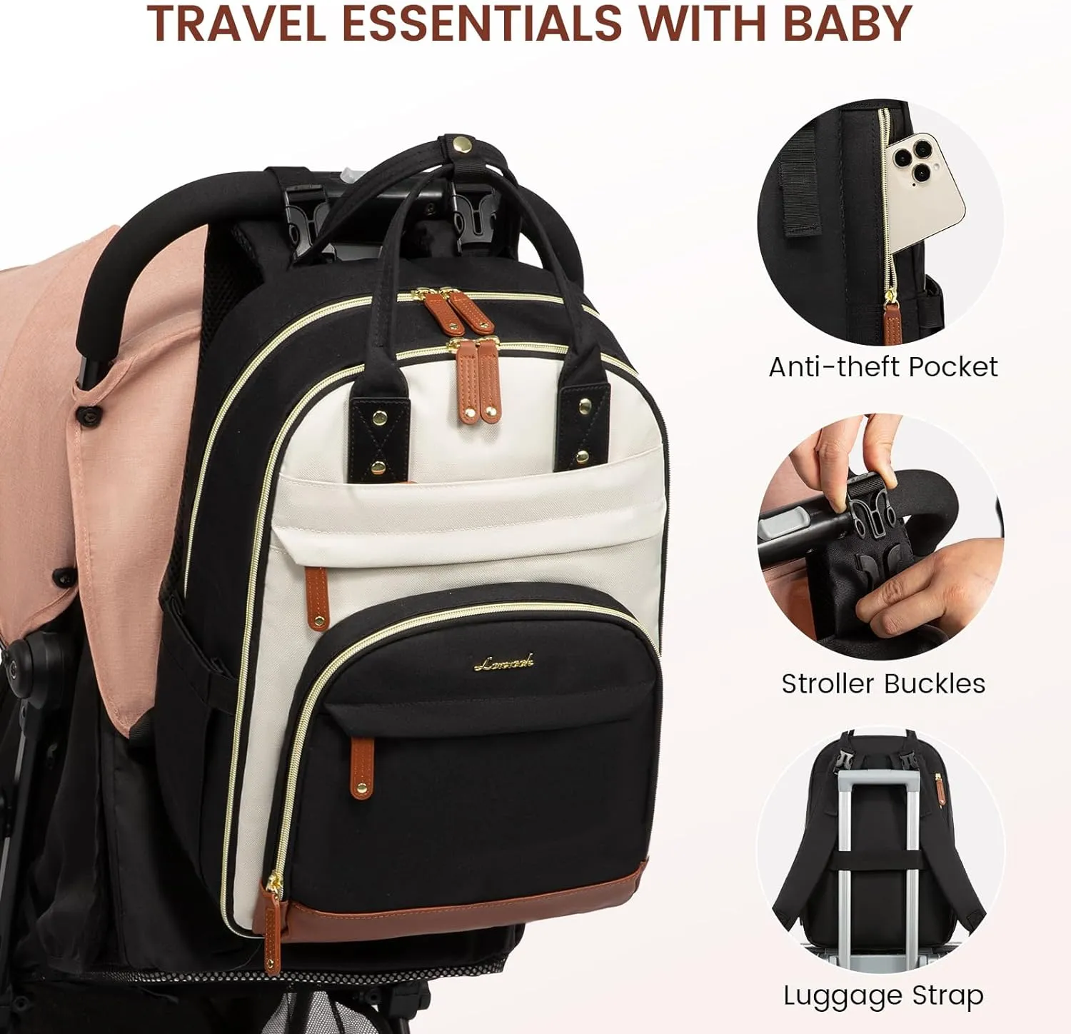 LOVEVOOK Diaper Bag Backpack, Baby Bag with Changing Pad, Large Diaper Backpack Boy Girl, Waterproof Baby Registry Bag for Mom Dad with Stroller Buckles, Beige Brown Black