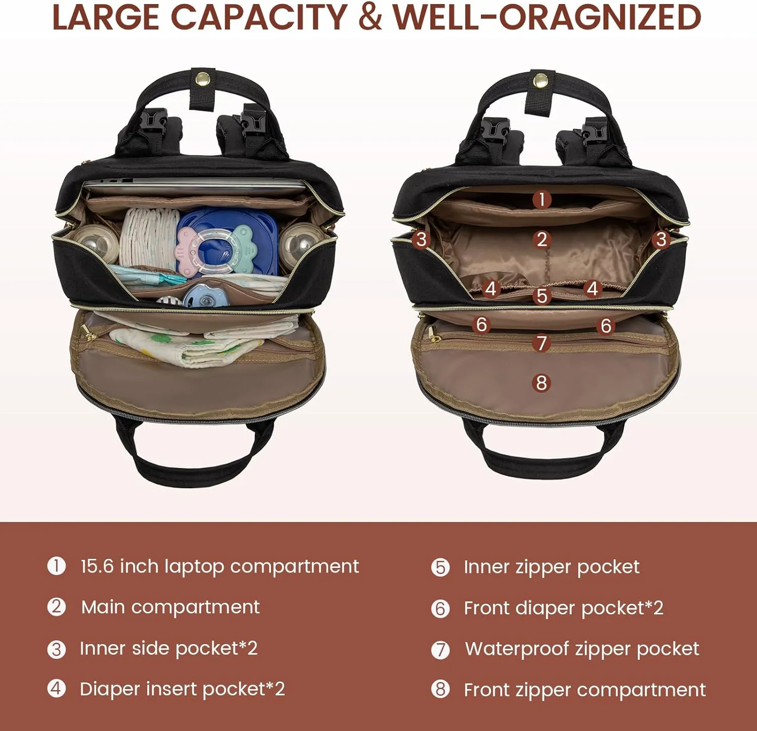 LOVEVOOK Diaper Bag Backpack, Baby Bag with Changing Pad, Large Diaper Backpack Boy Girl, Waterproof Baby Registry Bag for Mom Dad with Stroller Buckles, Beige Brown Black