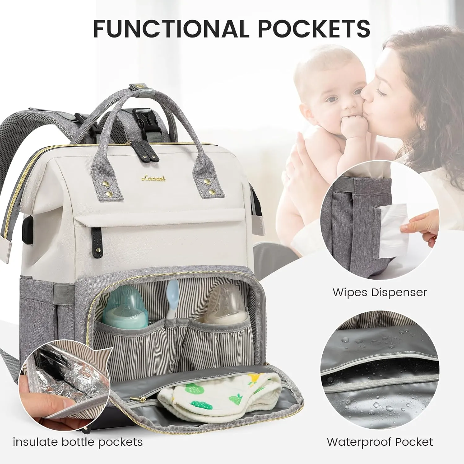 LOVEVOOK Diaper Bag Backpack, Baby Bag with Changing Station, Large Diaper Backpack for Moms Dads, Waterproof Leather Accents Baby Boy and Girl Bag for Travel Baby Essentials, Grey-Beige