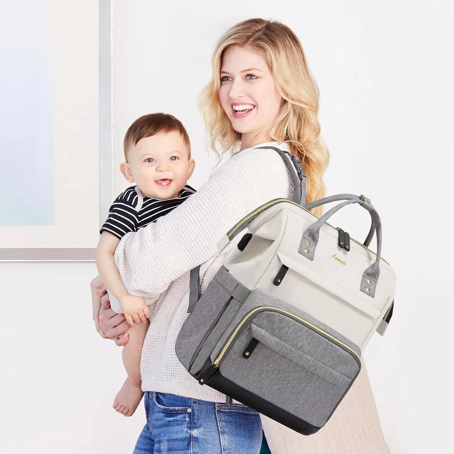 LOVEVOOK Diaper Bag Backpack, Baby Bag with Changing Station, Large Diaper Backpack for Moms Dads, Waterproof Leather Accents Baby Boy and Girl Bag for Travel Baby Essentials, Grey-Beige