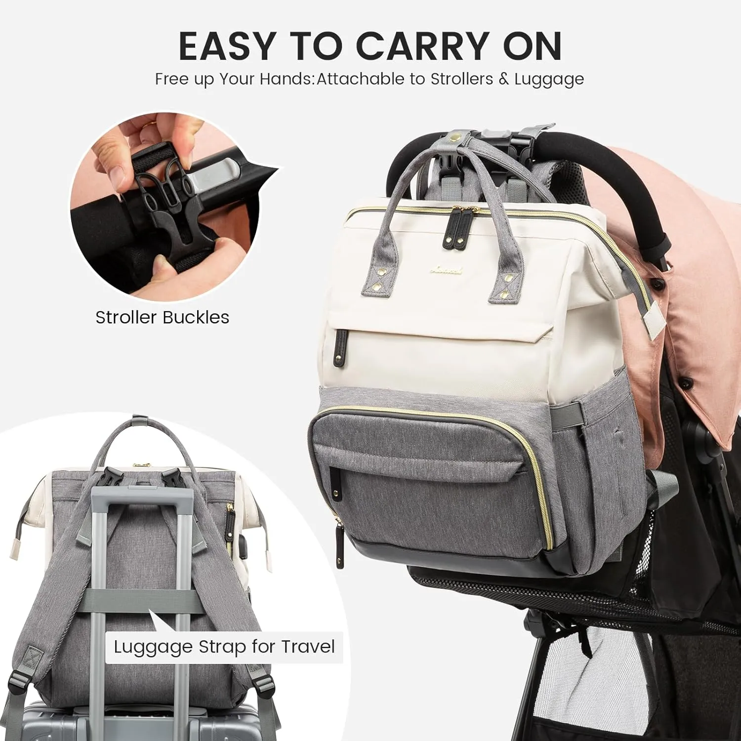 LOVEVOOK Diaper Bag Backpack, Baby Bag with Changing Station, Large Diaper Backpack for Moms Dads, Waterproof Leather Accents Baby Boy and Girl Bag for Travel Baby Essentials, Grey-Beige
