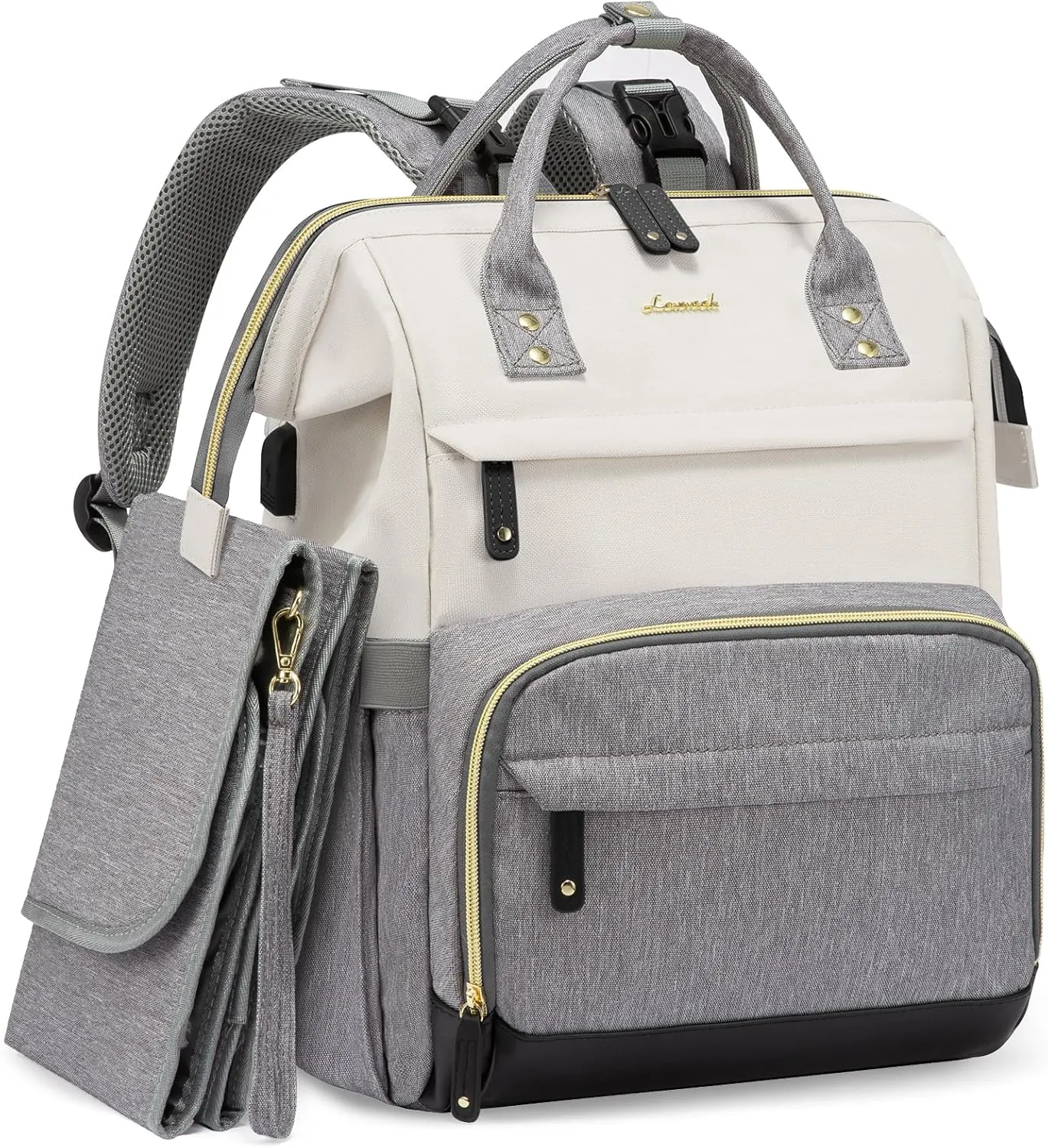 LOVEVOOK Diaper Bag Backpack, Baby Bag with Changing Station, Large Diaper Backpack for Moms Dads, Waterproof Leather Accents Baby Boy and Girl Bag for Travel Baby Essentials, Grey-Beige