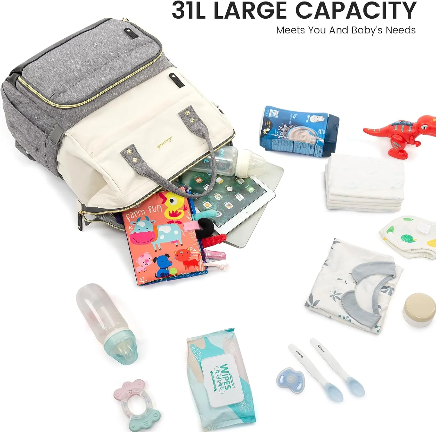LOVEVOOK Diaper Bag Backpack, Baby Bag with Changing Station, Large Diaper Backpack for Moms Dads, Waterproof Leather Accents Baby Boy and Girl Bag for Travel Baby Essentials, Grey-Beige