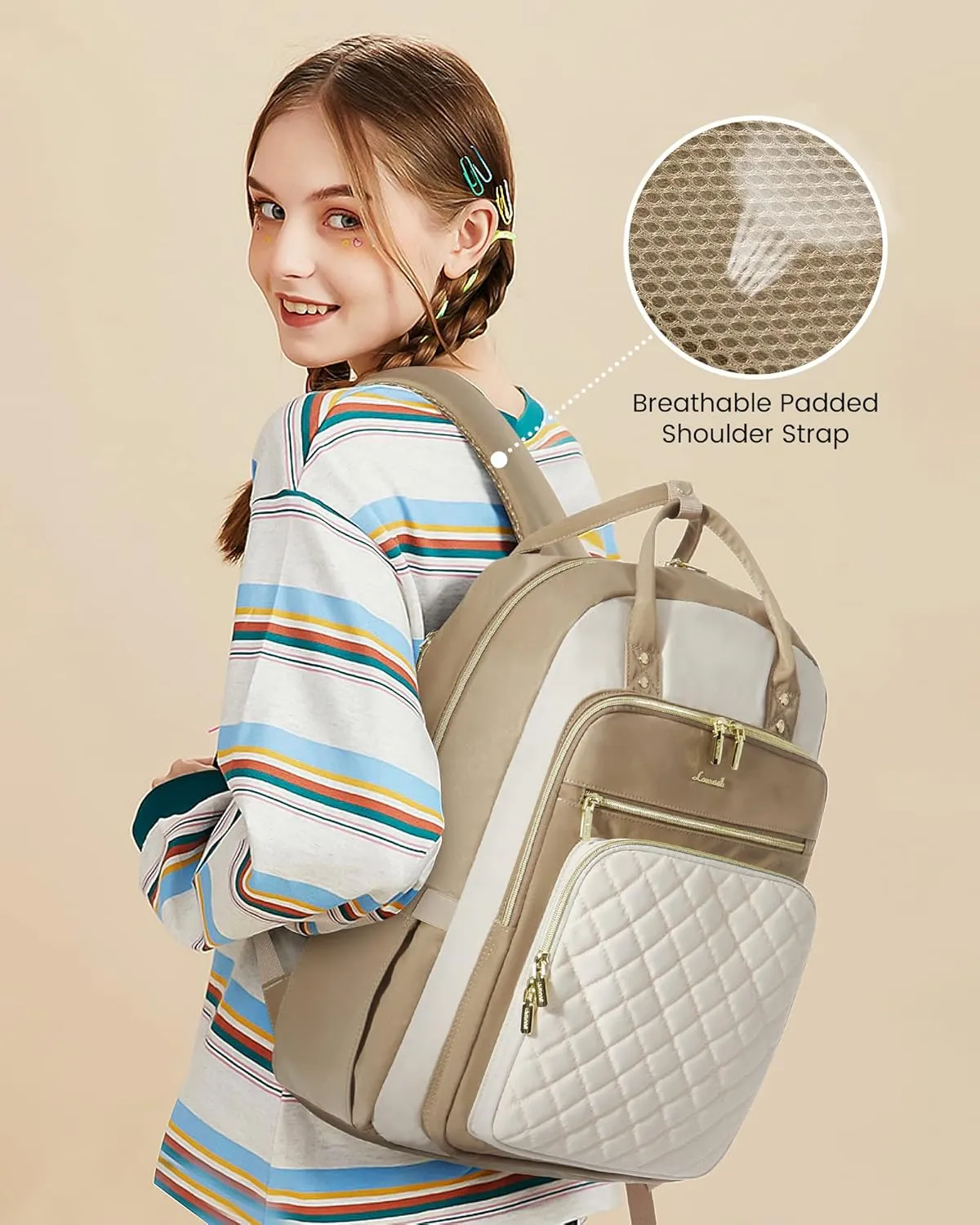 LOVEVOOK Laptop Backpack, D-Khaki-Beige, Unisex, 15.6in Laptop Compartment, 26L Capacity, 18 Pockets, Ergonomic Shoulder Straps, USB Charging Port