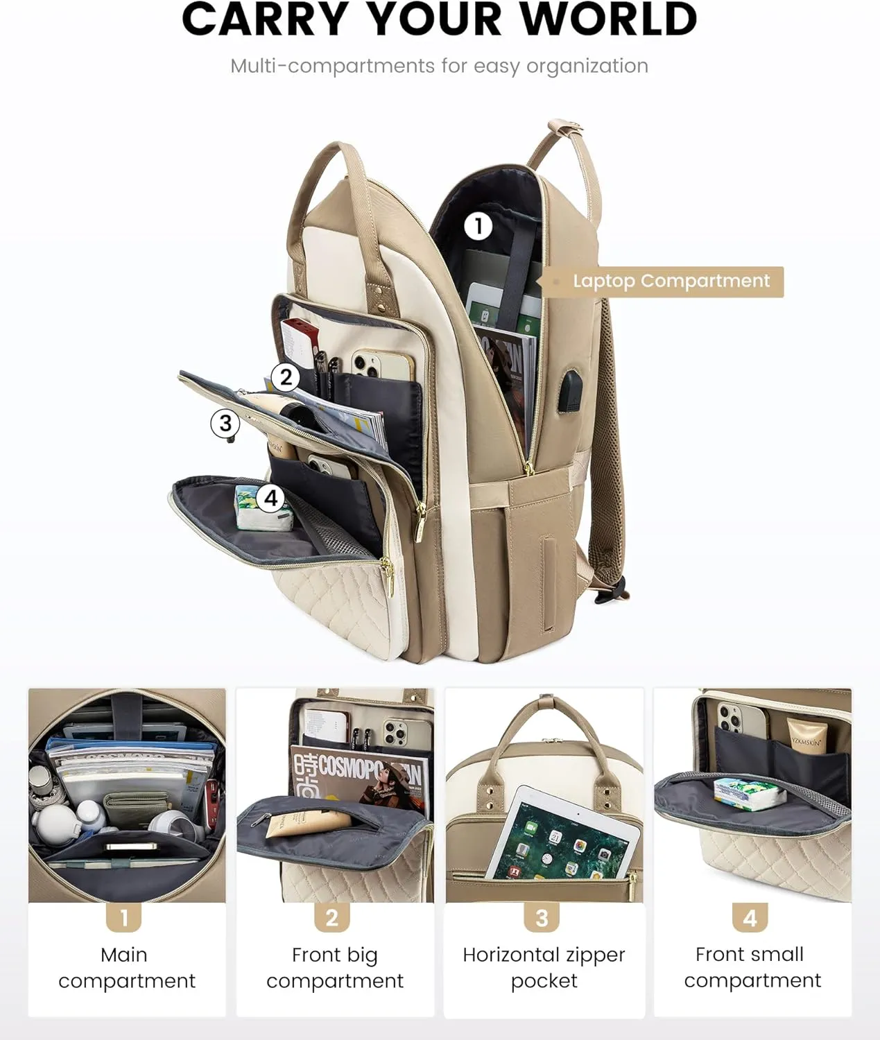 LOVEVOOK Laptop Backpack, D-Khaki-Beige, Unisex, 15.6in Laptop Compartment, 26L Capacity, 18 Pockets, Ergonomic Shoulder Straps, USB Charging Port