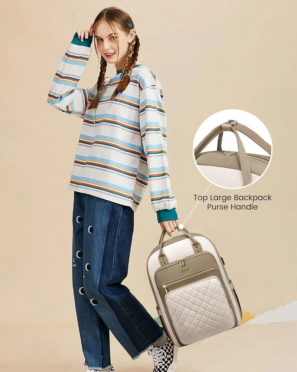 LOVEVOOK Laptop Backpack, D-Khaki-Beige, Unisex, 15.6in Laptop Compartment, 26L Capacity, 18 Pockets, Ergonomic Shoulder Straps, USB Charging Port