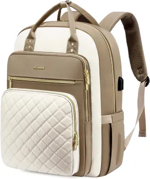 LOVEVOOK Laptop Backpack, D-Khaki-Beige, Unisex, 15.6in Laptop Compartment, 26L Capacity, 18 Pockets, Ergonomic Shoulder Straps, USB Charging Port