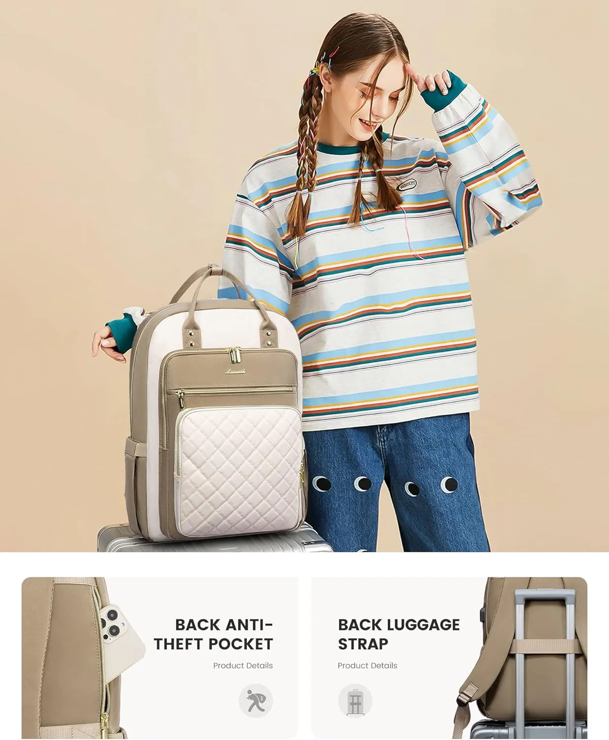 LOVEVOOK Laptop Backpack, D-Khaki-Beige, Unisex, 15.6in Laptop Compartment, 26L Capacity, 18 Pockets, Ergonomic Shoulder Straps, USB Charging Port