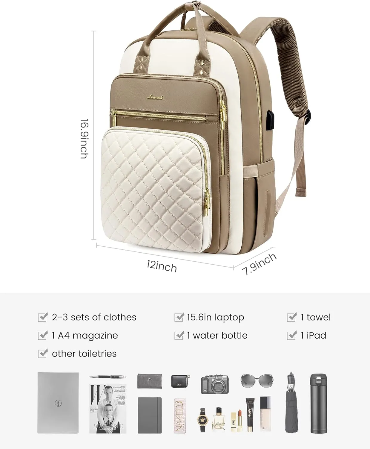 LOVEVOOK Laptop Backpack, D-Khaki-Beige, Unisex, 15.6in Laptop Compartment, 26L Capacity, 18 Pockets, Ergonomic Shoulder Straps, USB Charging Port