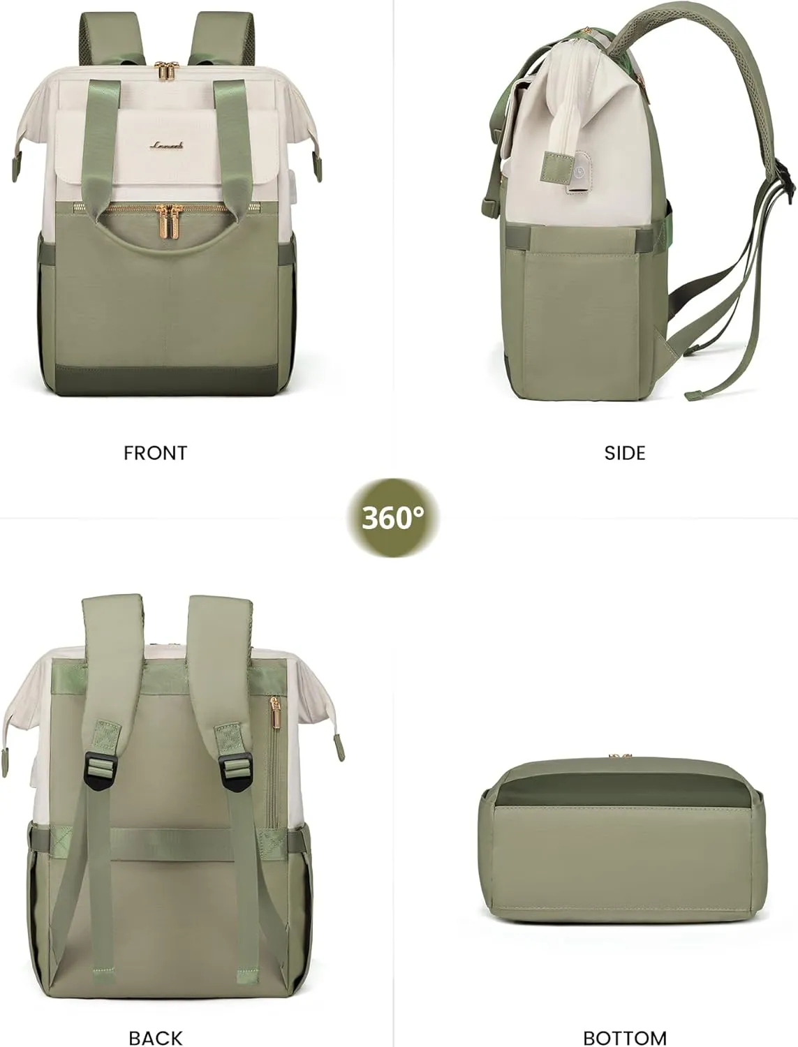 LOVEVOOK Laptop Backpack for Women, 15.6 Inch Work Laptop Bag with USB Port, Fashion Teacher Nurse Backpack Purse, Waterproof Travel Computer Backpack with Organizer Bag, 2PCS, Beige-Bean Green