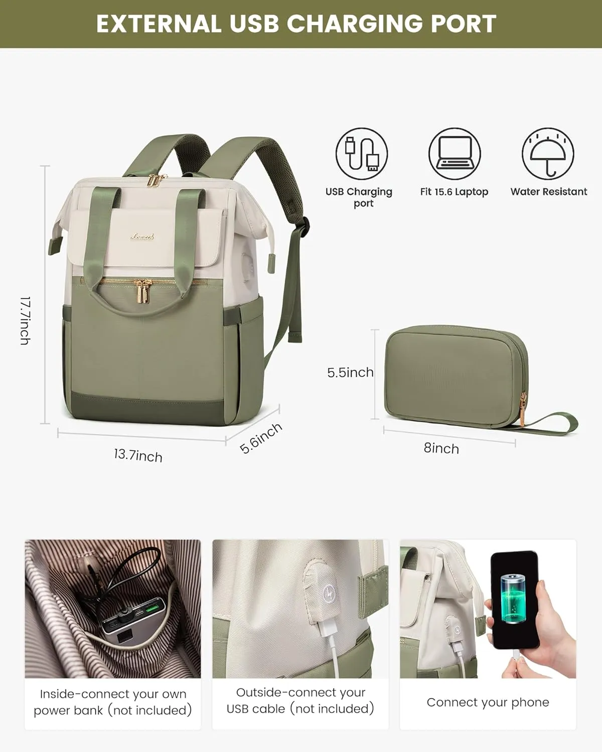 LOVEVOOK Laptop Backpack for Women, 15.6 Inch Work Laptop Bag with USB Port, Fashion Teacher Nurse Backpack Purse, Waterproof Travel Computer Backpack with Organizer Bag, 2PCS, Beige-Bean Green