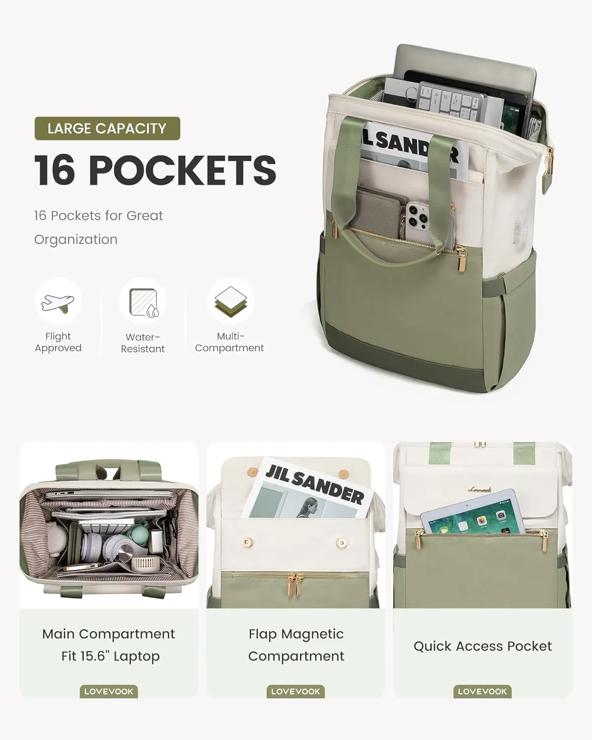 LOVEVOOK Laptop Backpack for Women, 15.6 Inch Work Laptop Bag with USB Port, Fashion Teacher Nurse Backpack Purse, Waterproof Travel Computer Backpack with Organizer Bag, 2PCS, Beige-Bean Green