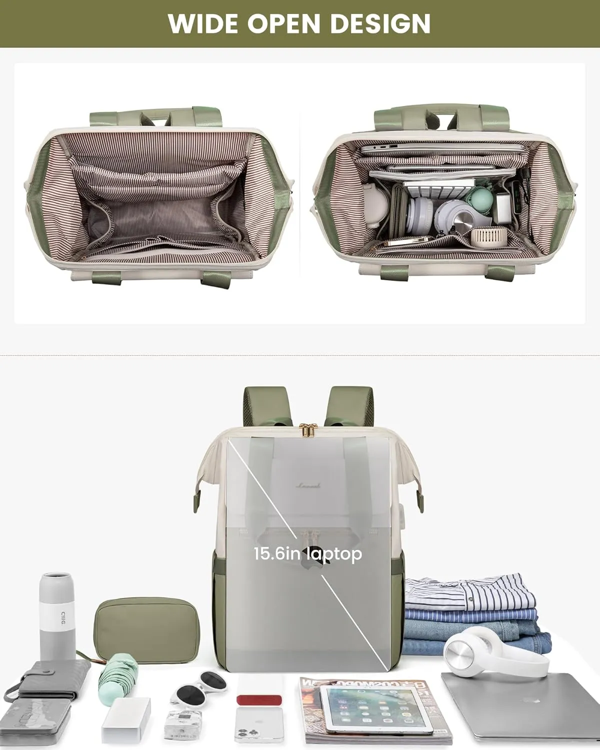 LOVEVOOK Laptop Backpack for Women, 15.6 Inch Work Laptop Bag with USB Port, Fashion Teacher Nurse Backpack Purse, Waterproof Travel Computer Backpack with Organizer Bag, 2PCS, Beige-Bean Green