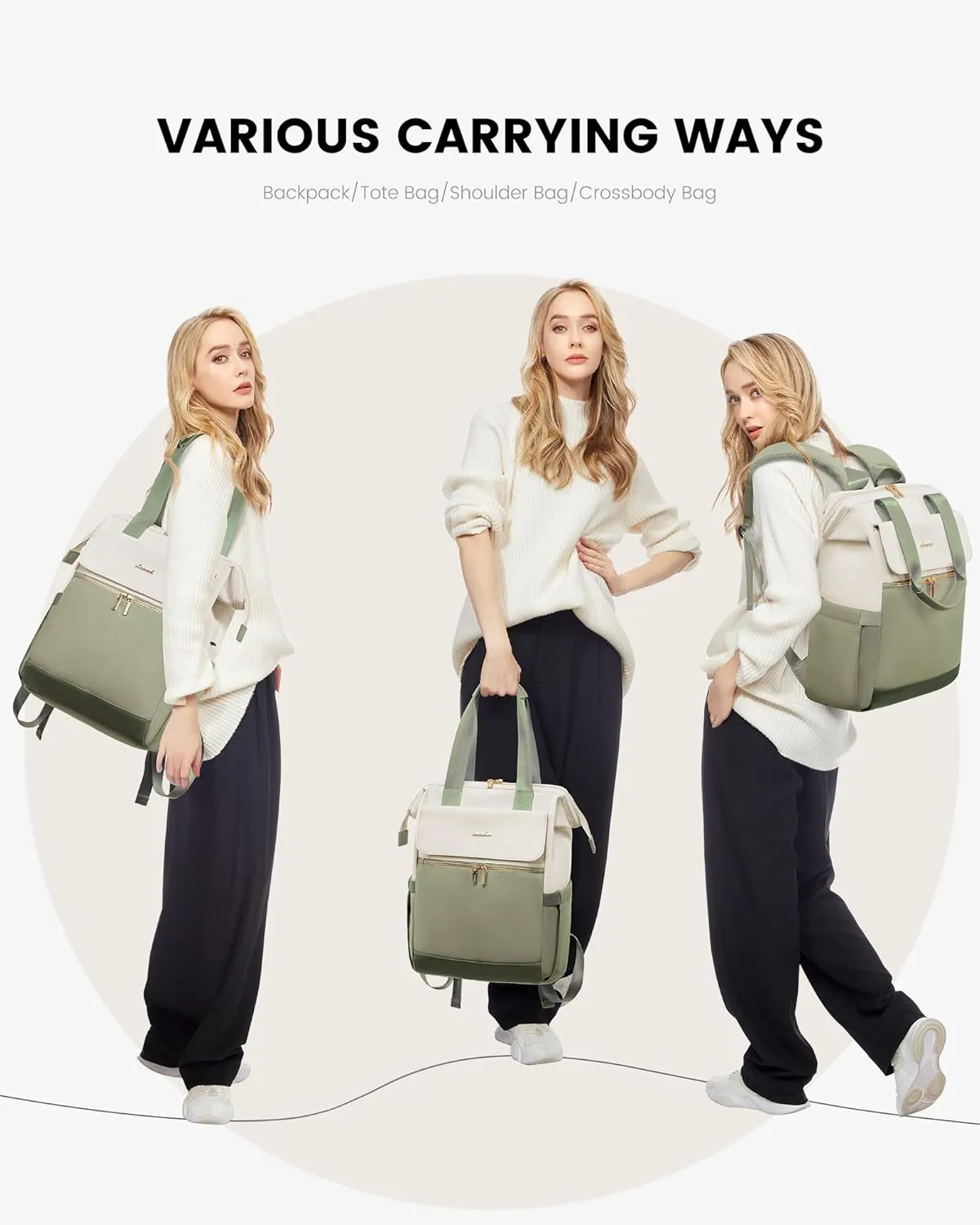 LOVEVOOK Laptop Backpack for Women, 15.6 Inch Work Laptop Bag with USB Port, Fashion Teacher Nurse Backpack Purse, Waterproof Travel Computer Backpack with Organizer Bag, 2PCS, Beige-Bean Green