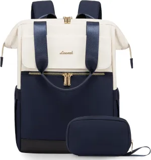 LOVEVOOK Laptop Backpack for Women, 15.6 Inch Work Laptop Bag with USB Port, Fashion Teacher Nurse Backpack Purse, Waterproof Travel Computer Backpack with Organizer Bag, 2PCS, Beige-Blue