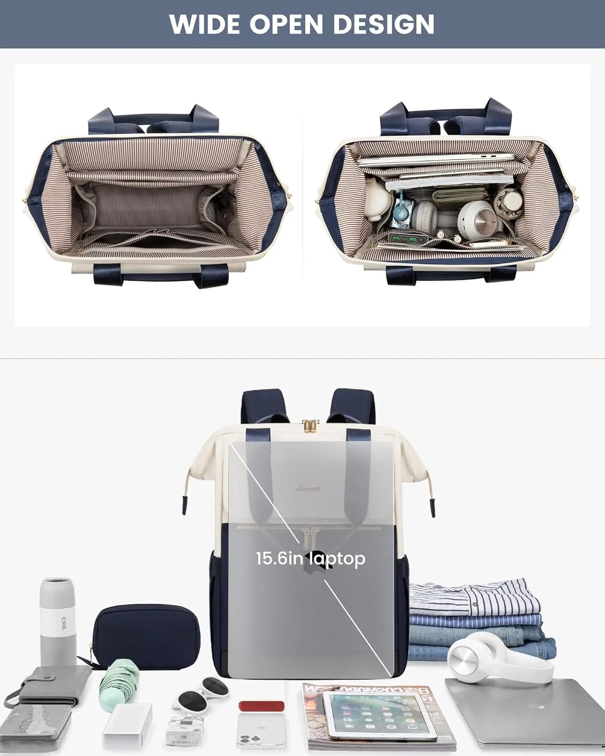 LOVEVOOK Laptop Backpack for Women, 15.6 Inch Work Laptop Bag with USB Port, Fashion Teacher Nurse Backpack Purse, Waterproof Travel Computer Backpack with Organizer Bag, 2PCS, Beige-Blue