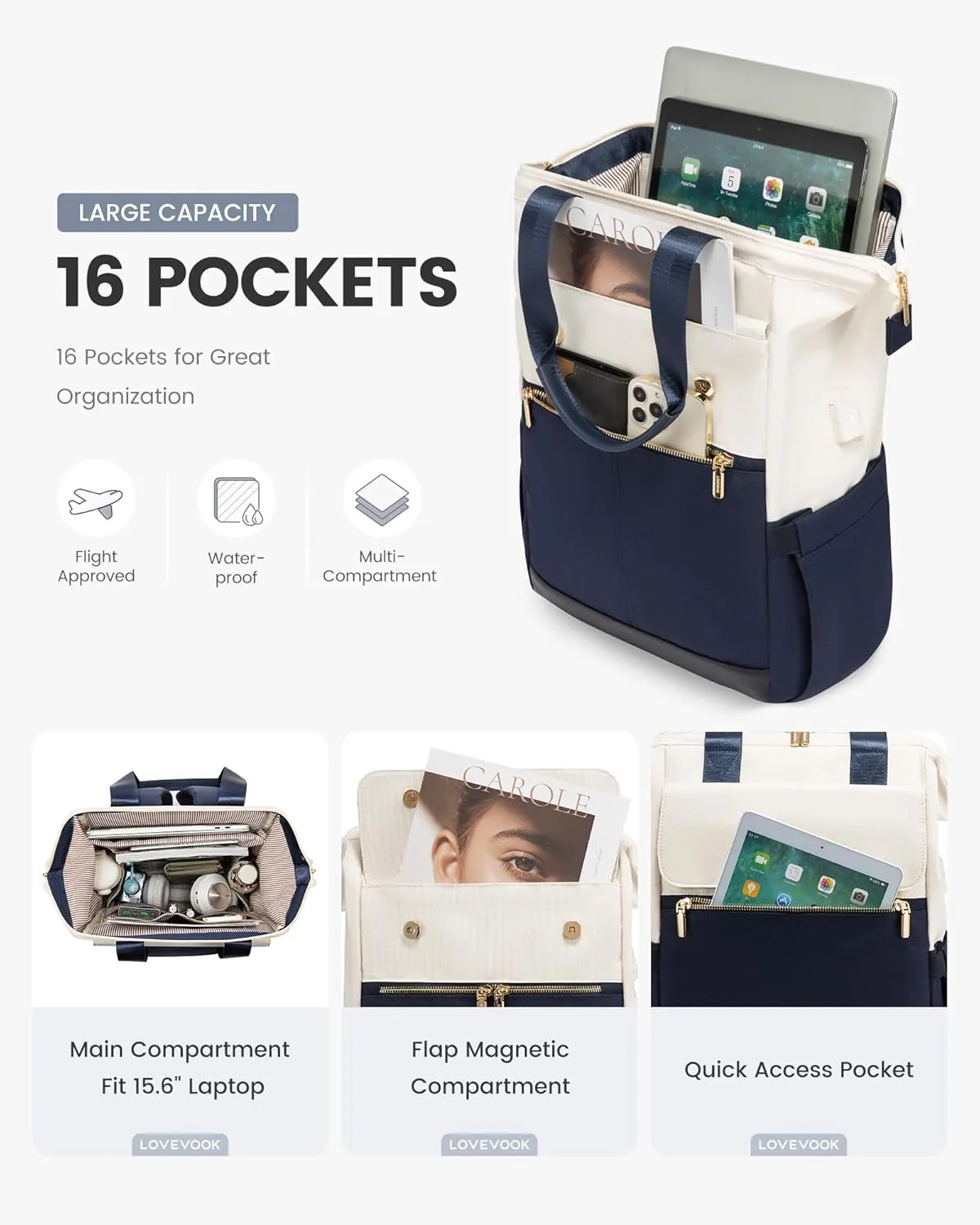 LOVEVOOK Laptop Backpack for Women, 15.6 Inch Work Laptop Bag with USB Port, Fashion Teacher Nurse Backpack Purse, Waterproof Travel Computer Backpack with Organizer Bag, 2PCS, Beige-Blue