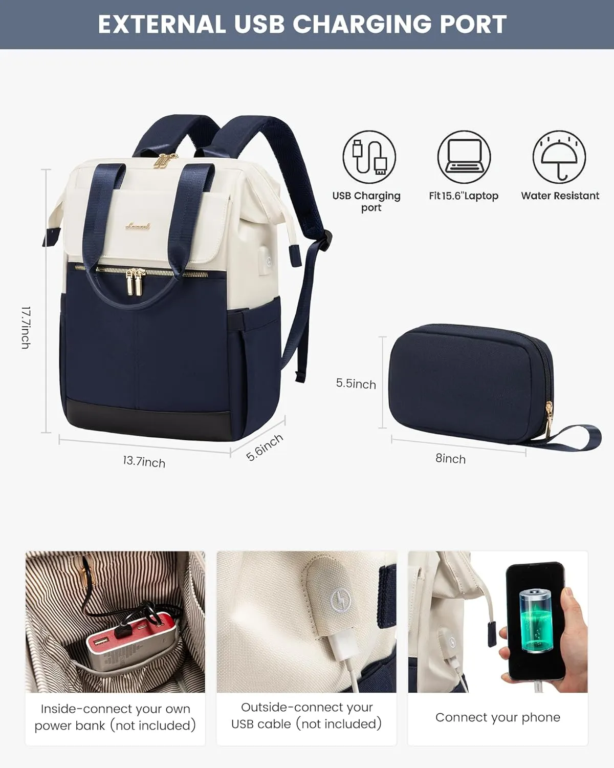LOVEVOOK Laptop Backpack for Women, 15.6 Inch Work Laptop Bag with USB Port, Fashion Teacher Nurse Backpack Purse, Waterproof Travel Computer Backpack with Organizer Bag, 2PCS, Beige-Blue
