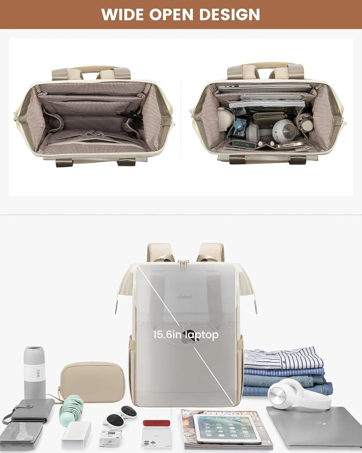 LOVEVOOK Laptop Backpack for Women, 15.6 Inch Work Laptop Bag with USB Port, Fashion Teacher Nurse Backpack Purse, Waterproof Travel Computer Backpack with Organizer Bag, 2PCS, Beige-Khaki