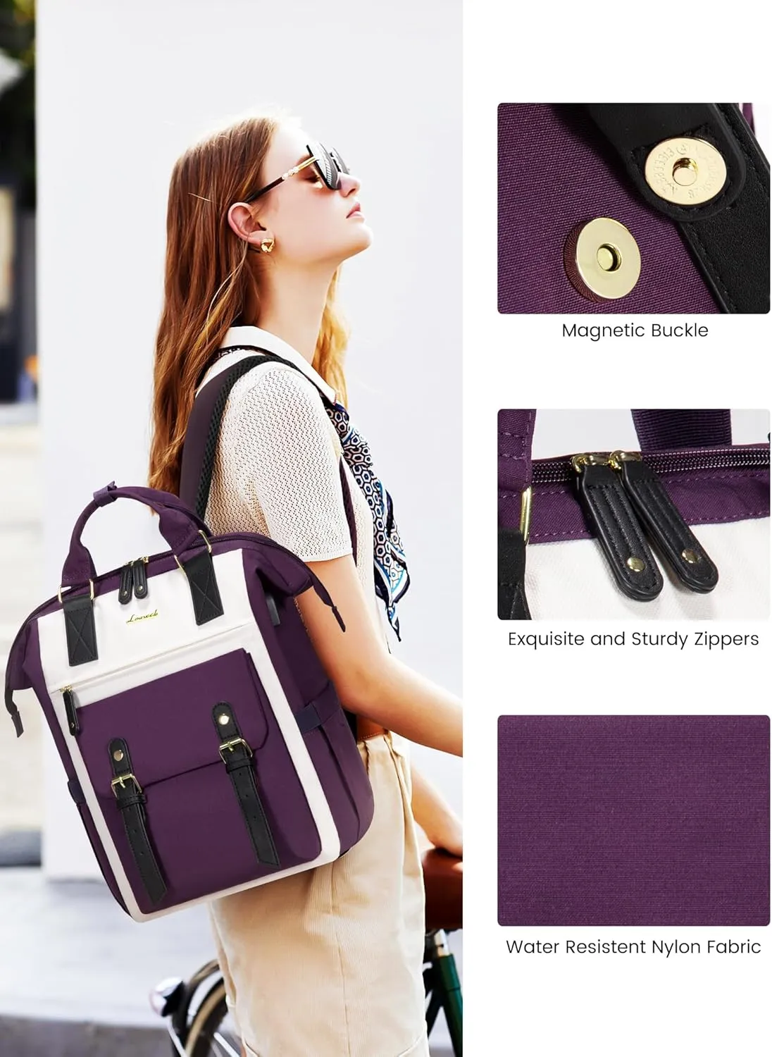 LOVEVOOK Laptop Backpack for Women, Teacher Nurse Bag Work Travel Computer Backpacks Purse,Water Resistant Daypack with USB Charging Port,Beige Purple 17.3in