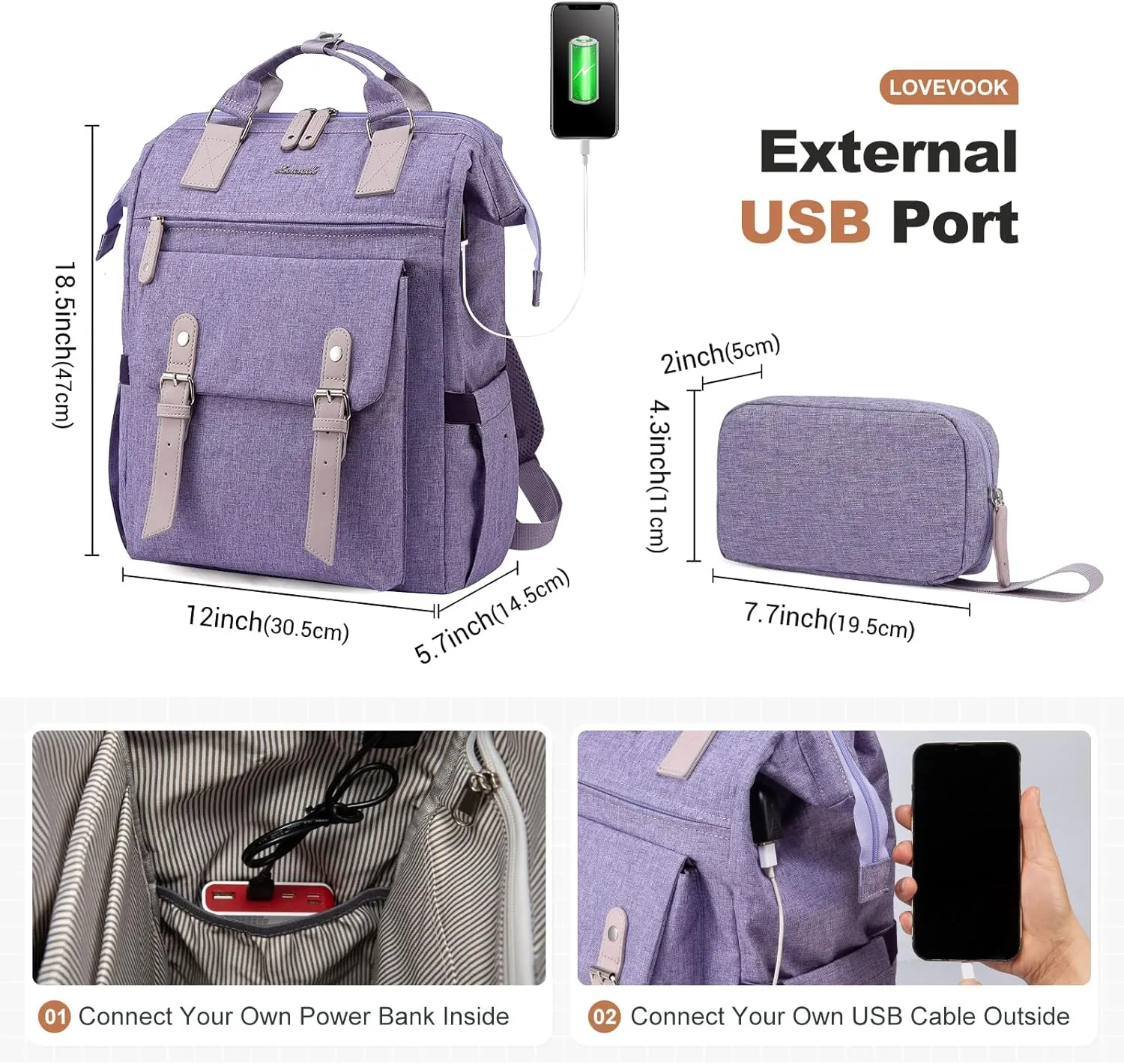 LOVEVOOK Laptop Backpack for Women, Teacher Nurse Bag Work Travel Computer Backpacks Purse,Water Resistant Daypack with USB Charging Port,Beige Purple 17.3in